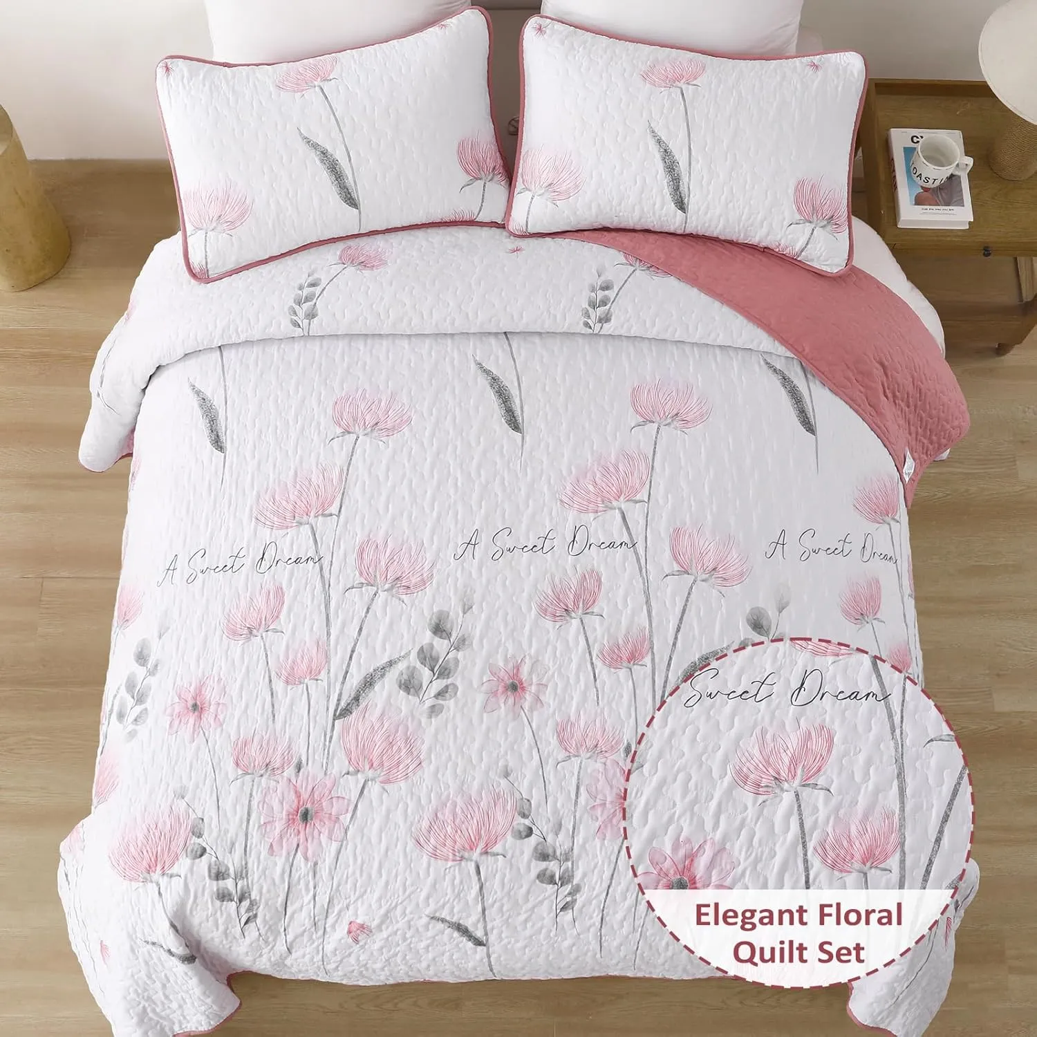 Dinjoy Floral Quilt Set Twin Size, Pink Bedspreads for Girls 2 Pieces Cute Summer Bedding Set Lightweight Farmhouse Quilts Soft Flower White Coverlet Sets for Women 68"x86"