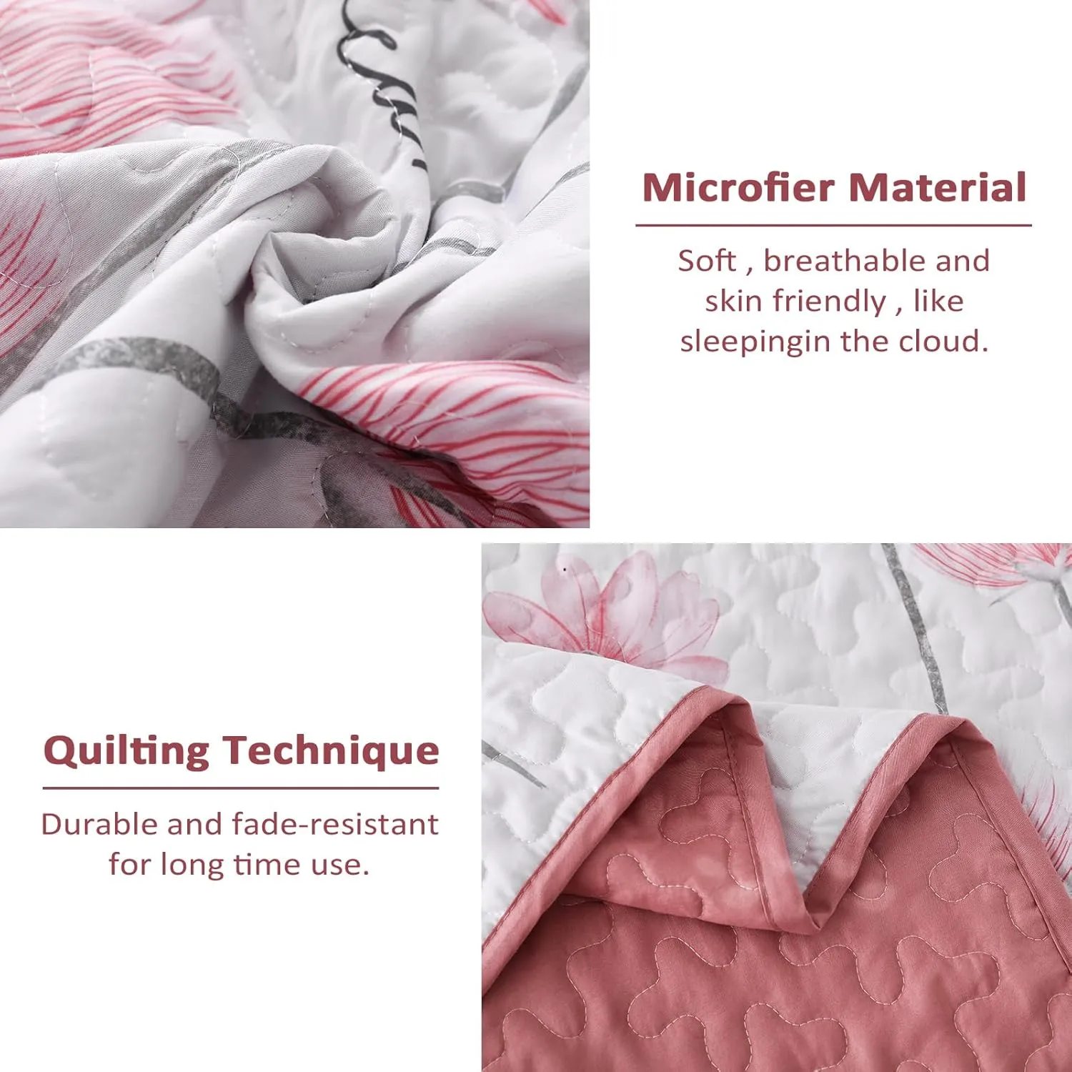 Dinjoy Floral Quilt Set Twin Size, Pink Bedspreads for Girls 2 Pieces Cute Summer Bedding Set Lightweight Farmhouse Quilts Soft Flower White Coverlet Sets for Women 68"x86"