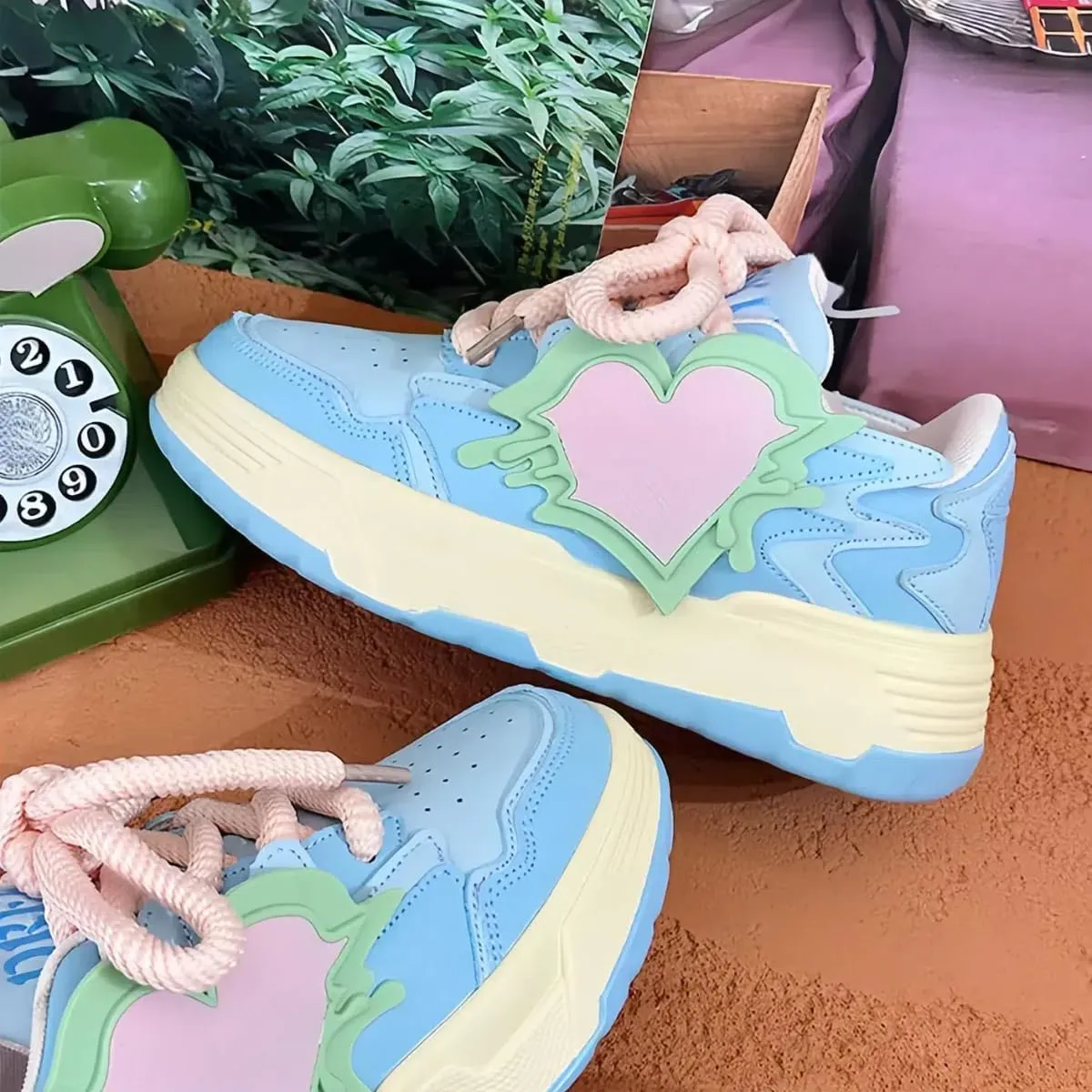 Dopamine Color Platform Sneakers, Women Girls Teens, Heart Charm Chunky Shoes, Cute Y2K Skate Streetwear, Height Boost