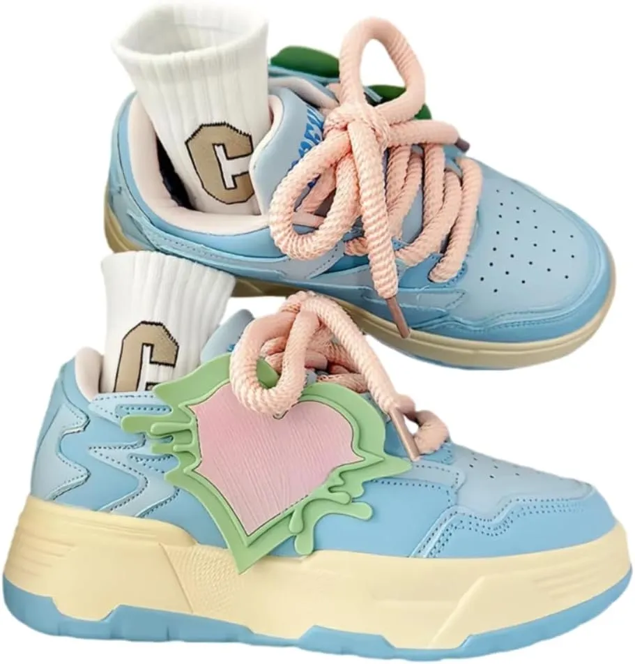 Dopamine Color Platform Sneakers, Women Girls Teens, Heart Charm Chunky Shoes, Cute Y2K Skate Streetwear, Height Boost