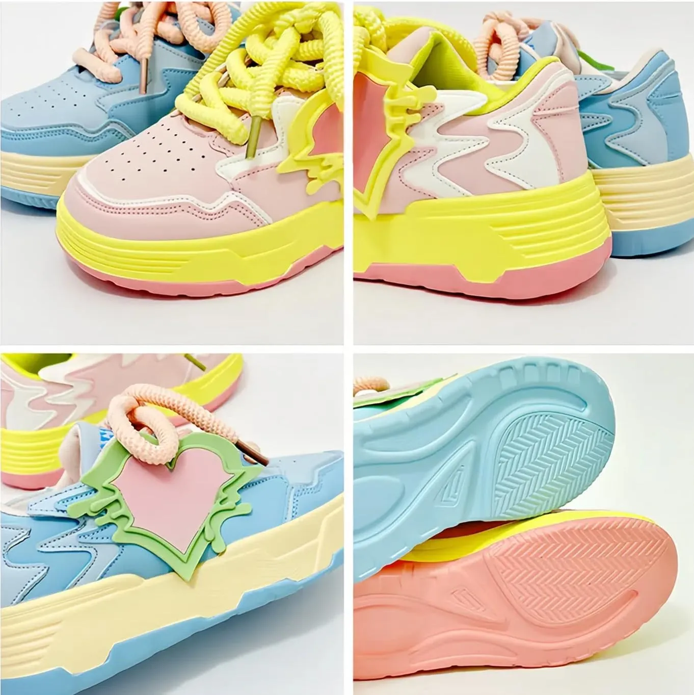 Dopamine Color Platform Sneakers, Women Girls Teens, Heart Charm Chunky Shoes, Cute Y2K Skate Streetwear, Height Boost
