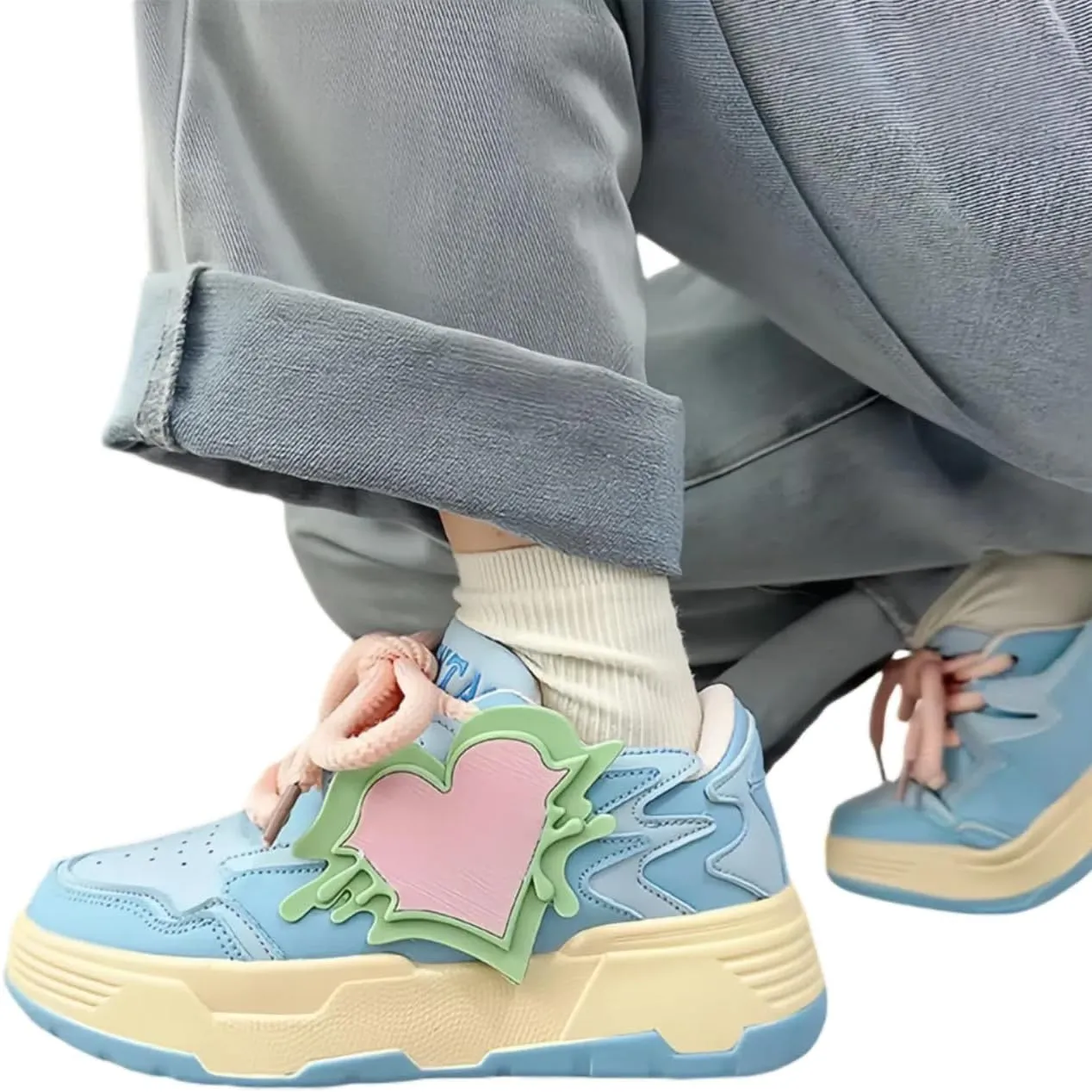 Dopamine Color Platform Sneakers, Women Girls Teens, Heart Charm Chunky Shoes, Cute Y2K Skate Streetwear, Height Boost