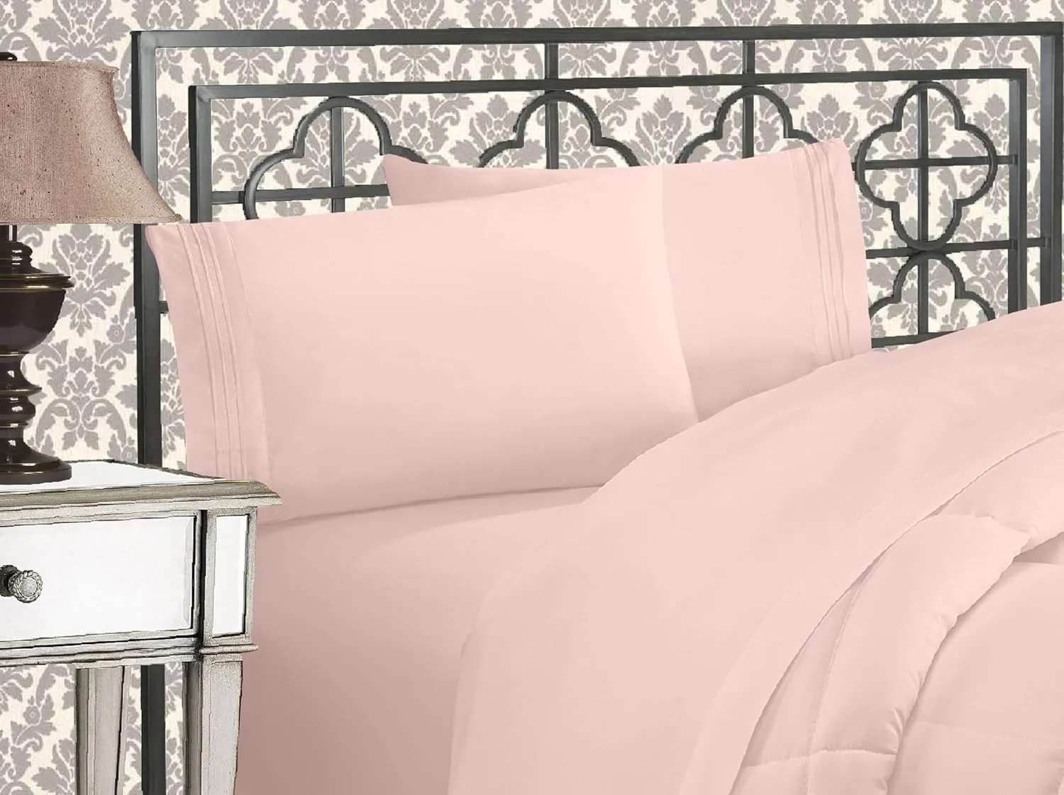 Elegant Comfort Luxurious 1500 Premium Hotel Quality Microfiber Three Line Embroidered Softest 4-Piece Bed Sheet Set, Wrinkle and Fade Resistant, Twin/Twin XL, Blush Pink