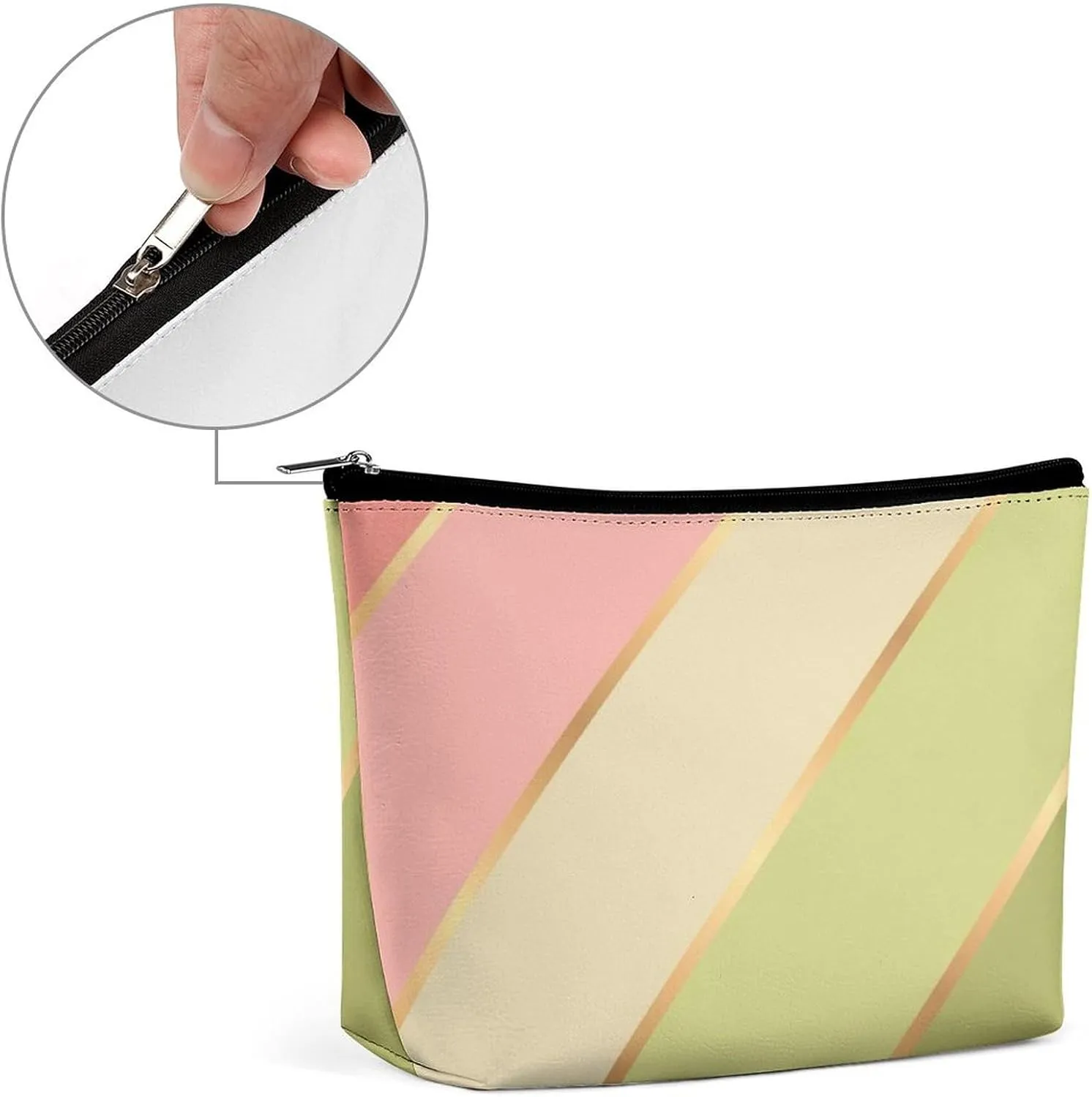 Elegant Makeup Bag, Lime Green Blush Rose Pink Stripes Cosmetic Bag Large Capacity Pouch Portable Organizer for Men & Women