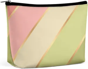 Elegant Makeup Bag, Lime Green Blush Rose Pink Stripes Cosmetic Bag Large Capacity Pouch Portable Organizer for Men & Women