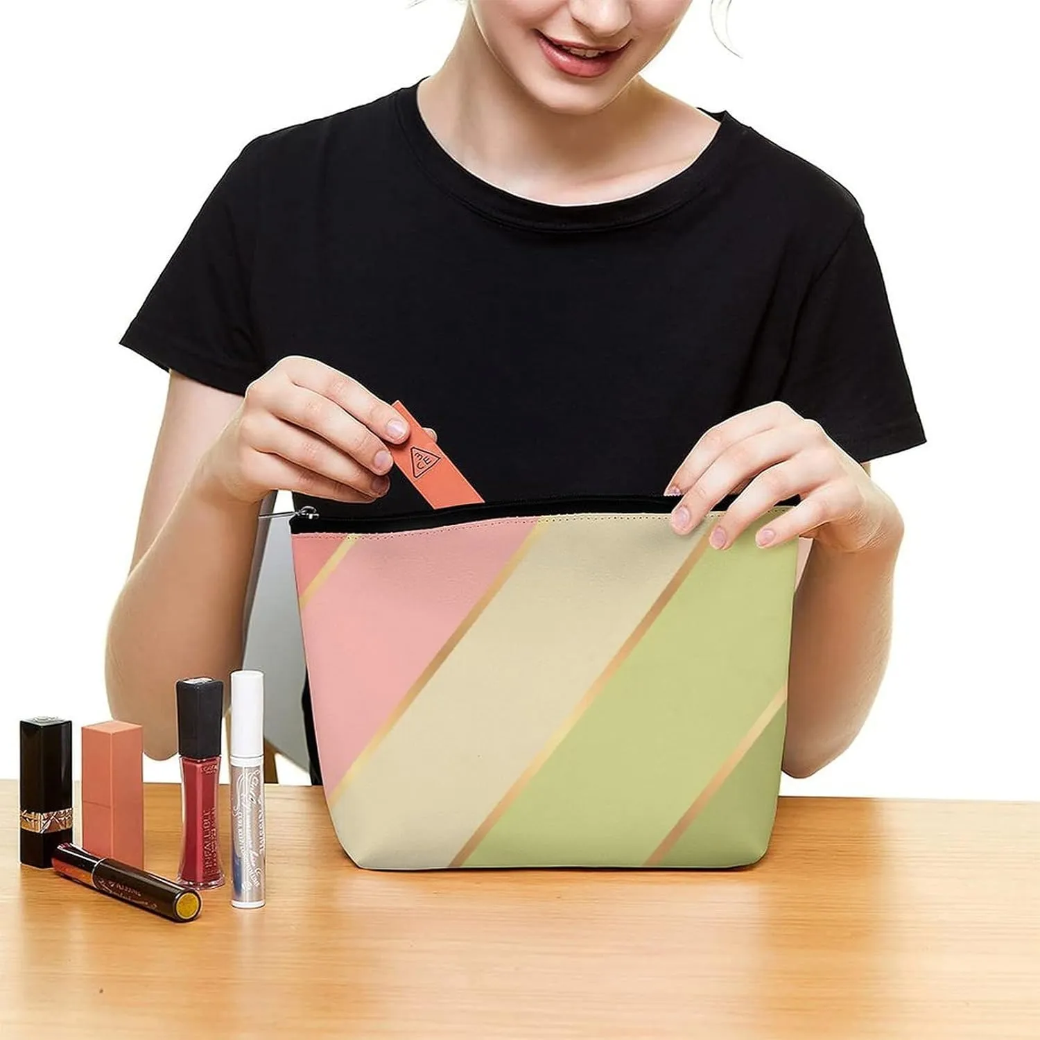 Elegant Makeup Bag, Lime Green Blush Rose Pink Stripes Cosmetic Bag Large Capacity Pouch Portable Organizer for Men & Women
