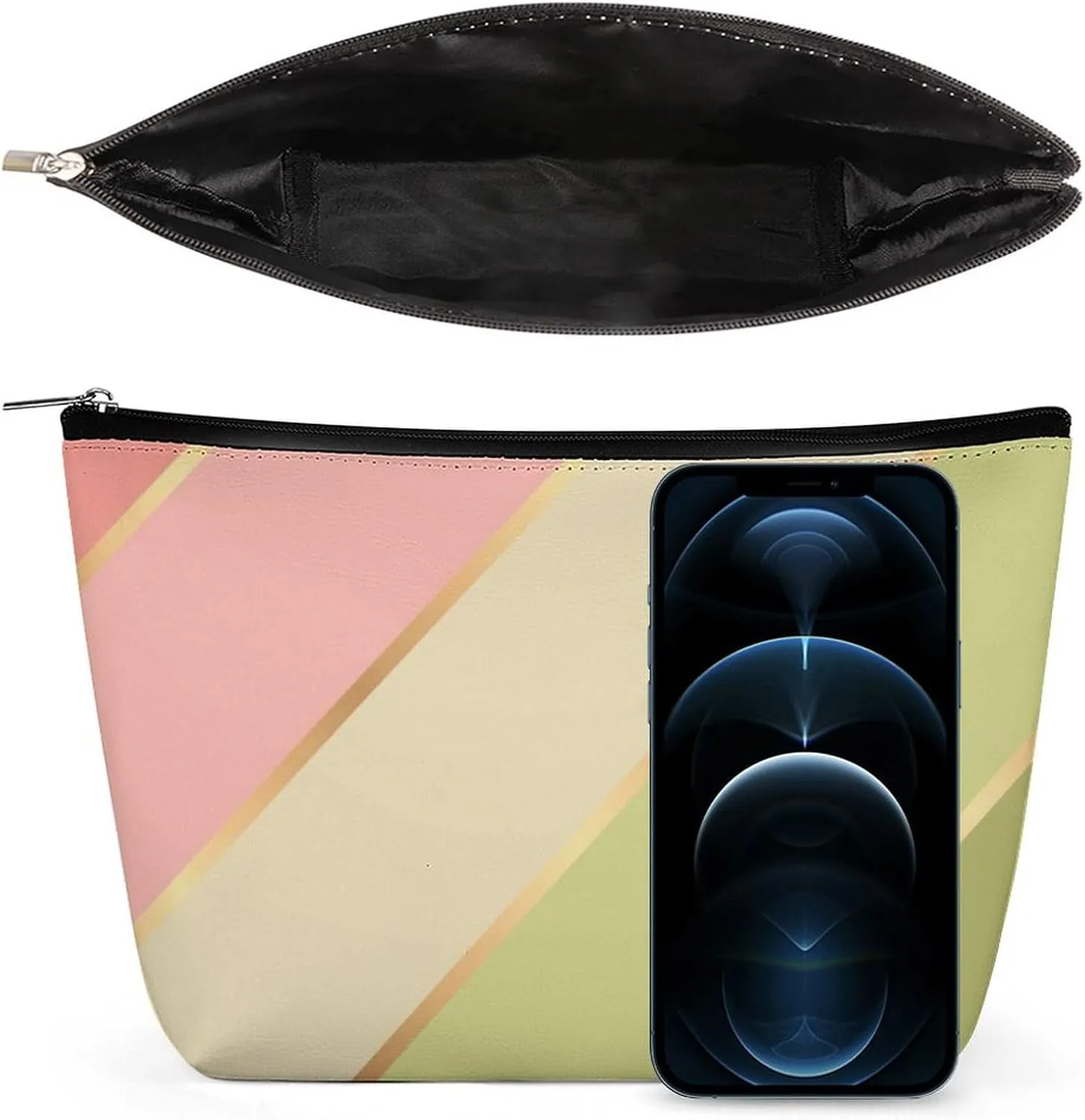 Elegant Makeup Bag, Lime Green Blush Rose Pink Stripes Cosmetic Bag Large Capacity Pouch Portable Organizer for Men & Women
