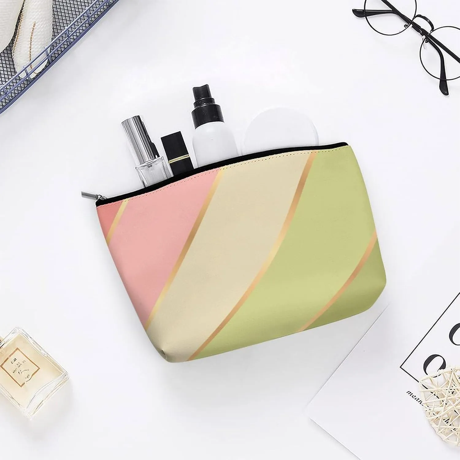 Elegant Makeup Bag, Lime Green Blush Rose Pink Stripes Cosmetic Bag Large Capacity Pouch Portable Organizer for Men & Women