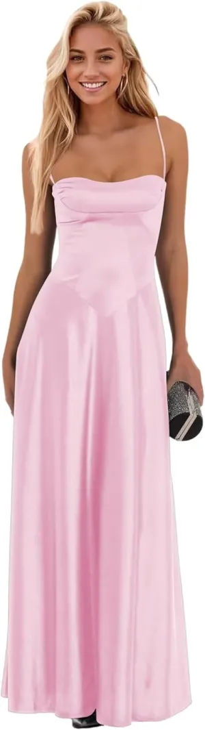Elmiansly Spaghetti Straps Long Prom Dresses A Line Strapless Satin Formal Evening Party Gowns