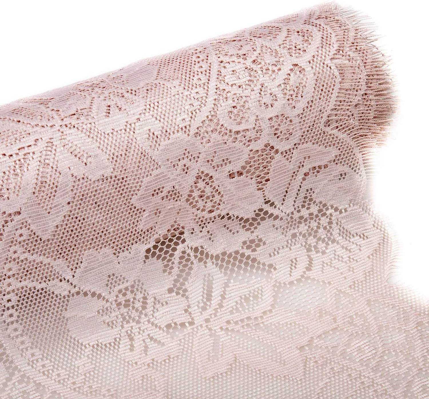 Embroidered and Durable Blush Pink Lace Table Runner-Feminen 12''x120'' with Floral Fringe-Perfect for Outdoor and Chic Wedding and Bridal/Baby Shower Decorations (2 Pieces)