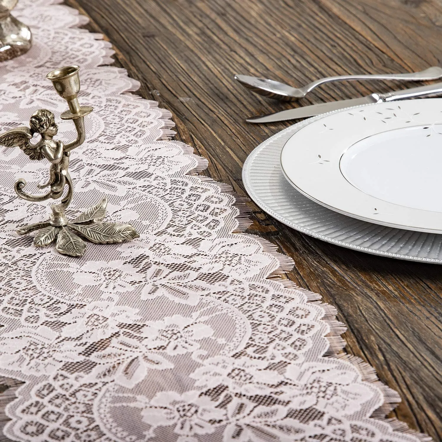 Embroidered and Durable Blush Pink Lace Table Runner-Feminen 12''x120'' with Floral Fringe-Perfect for Outdoor and Chic Wedding and Bridal/Baby Shower Decorations (2 Pieces)