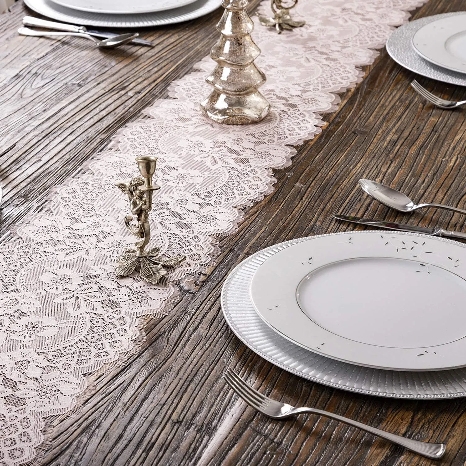 Embroidered and Durable Blush Pink Lace Table Runner-Feminen 12''x120'' with Floral Fringe-Perfect for Outdoor and Chic Wedding and Bridal/Baby Shower Decorations (2 Pieces)