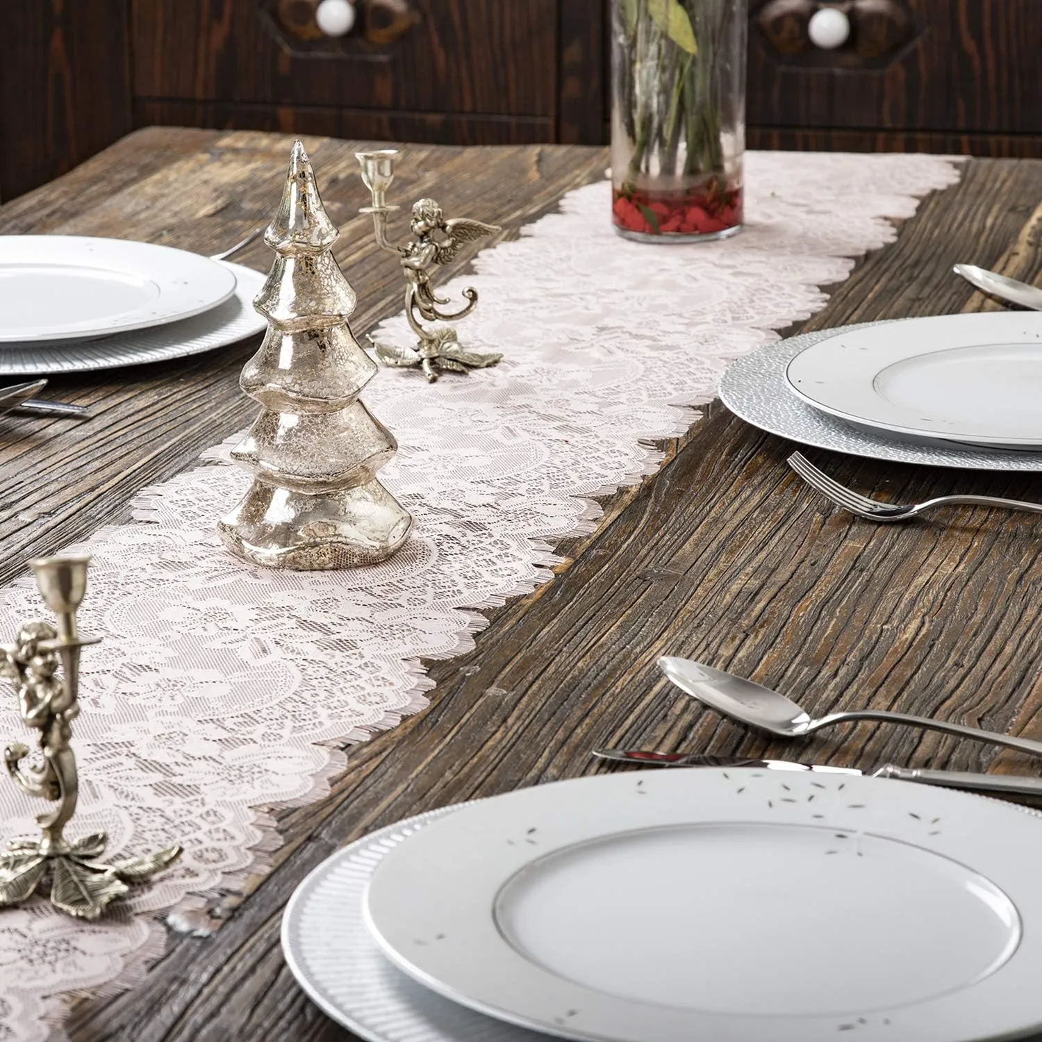 Embroidered and Durable Blush Pink Lace Table Runner-Feminen 12''x120'' with Floral Fringe-Perfect for Outdoor and Chic Wedding and Bridal/Baby Shower Decorations (2 Pieces)