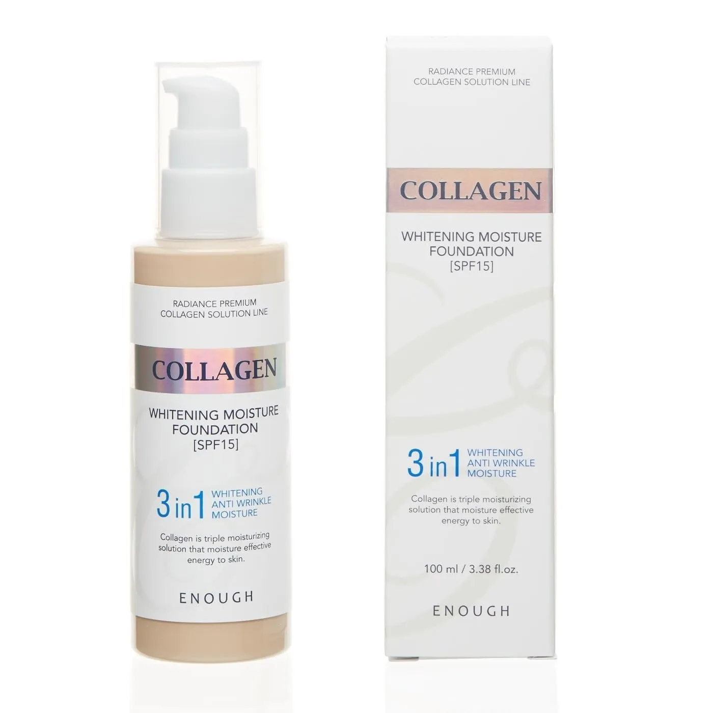 Enough Collagen 3in1 Whitening Moisture Foundation SPF15, 3.38 fl oz/ 100ml - Brightening, Moisturizing, Anti-Aging, Korean Skin Care Makeup (#23 Natural beige, 3.38 fl oz / 100ml)