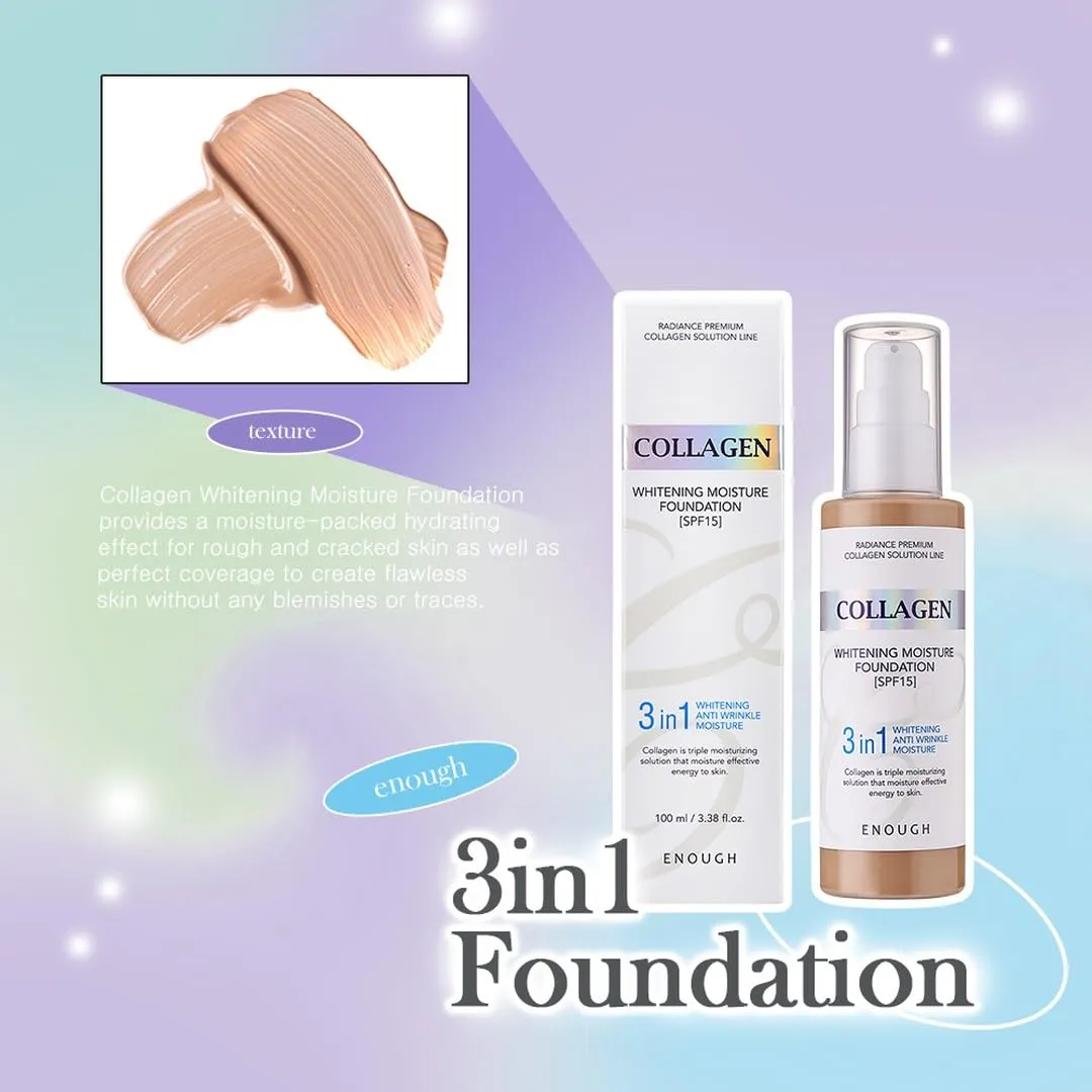 Enough Collagen 3in1 Whitening Moisture Foundation SPF15, 3.38 fl oz/ 100ml - Brightening, Moisturizing, Anti-Aging, Korean Skin Care Makeup (#23 Natural beige, 3.38 fl oz / 100ml)