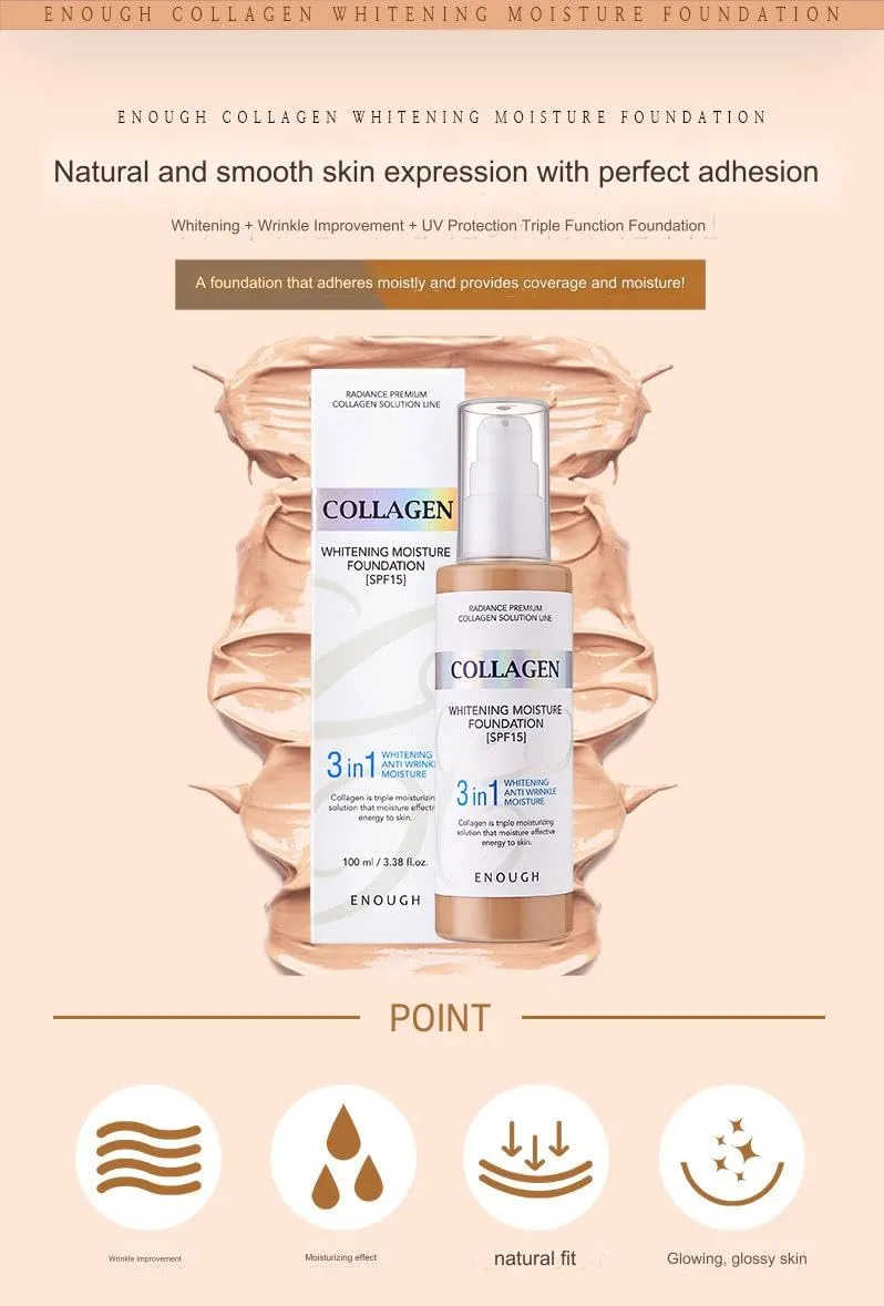 Enough Collagen 3in1 Whitening Moisture Foundation SPF15, 3.38 fl oz/ 100ml - Brightening, Moisturizing, Anti-Aging, Korean Skin Care Makeup (#23 Natural beige, 3.38 fl oz / 100ml)