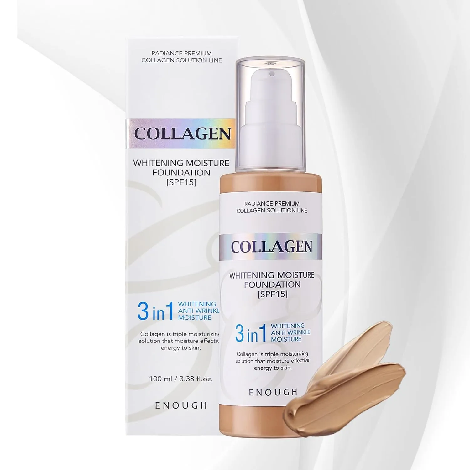 Enough Collagen 3in1 Whitening Moisture Foundation SPF15, 3.38 fl oz/ 100ml - Brightening, Moisturizing, Anti-Aging, Korean Skin Care Makeup (#23 Natural beige, 3.38 fl oz / 100ml)