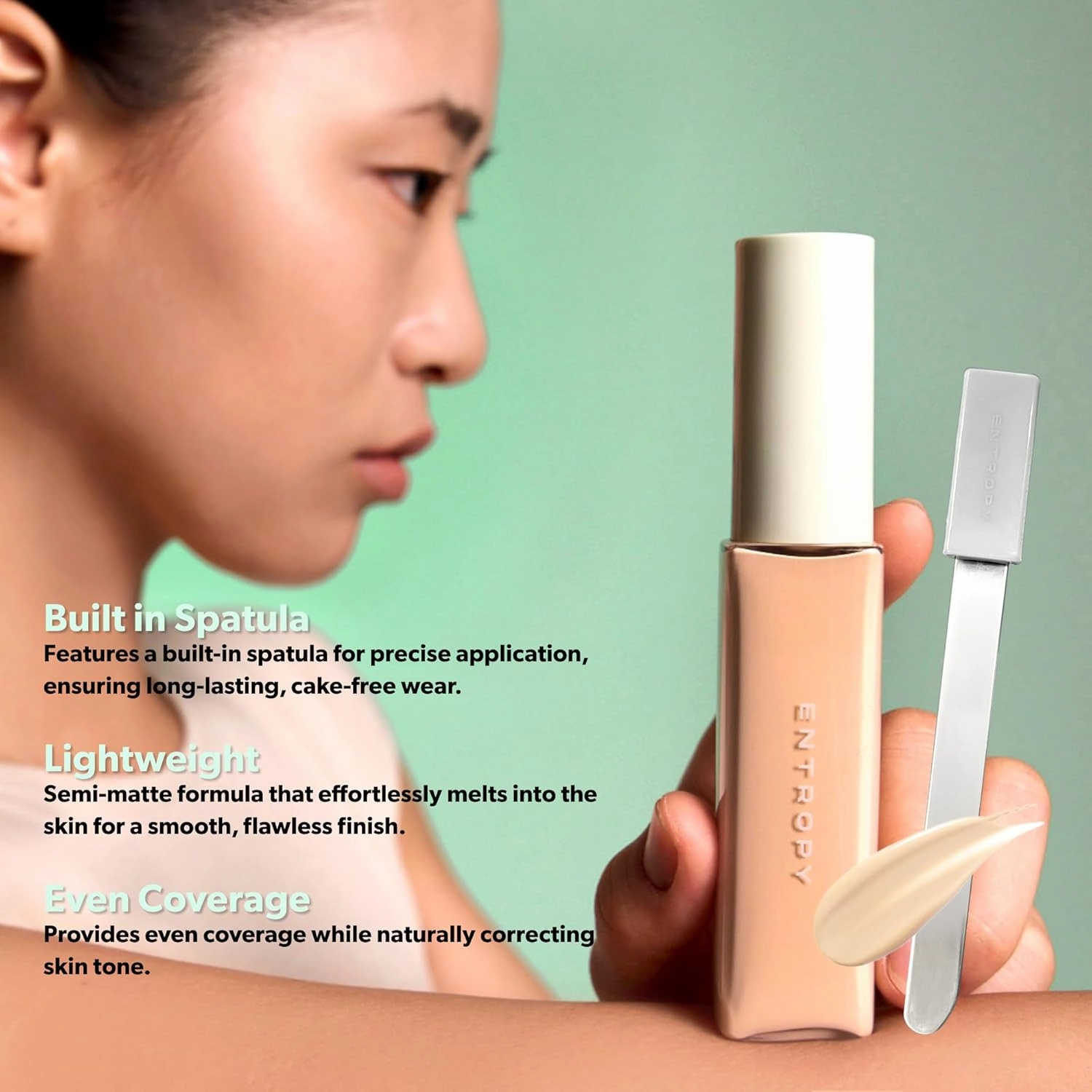 ENTROPY MAKEUP Organza Fit Spatula Foundation, Sheer to Medium Coverage, Built-In Spatula Applicator, Natural Finish, Flawless Skin, Long-Lasting Ultra Lightweight, Korean Makeup, #19.8
