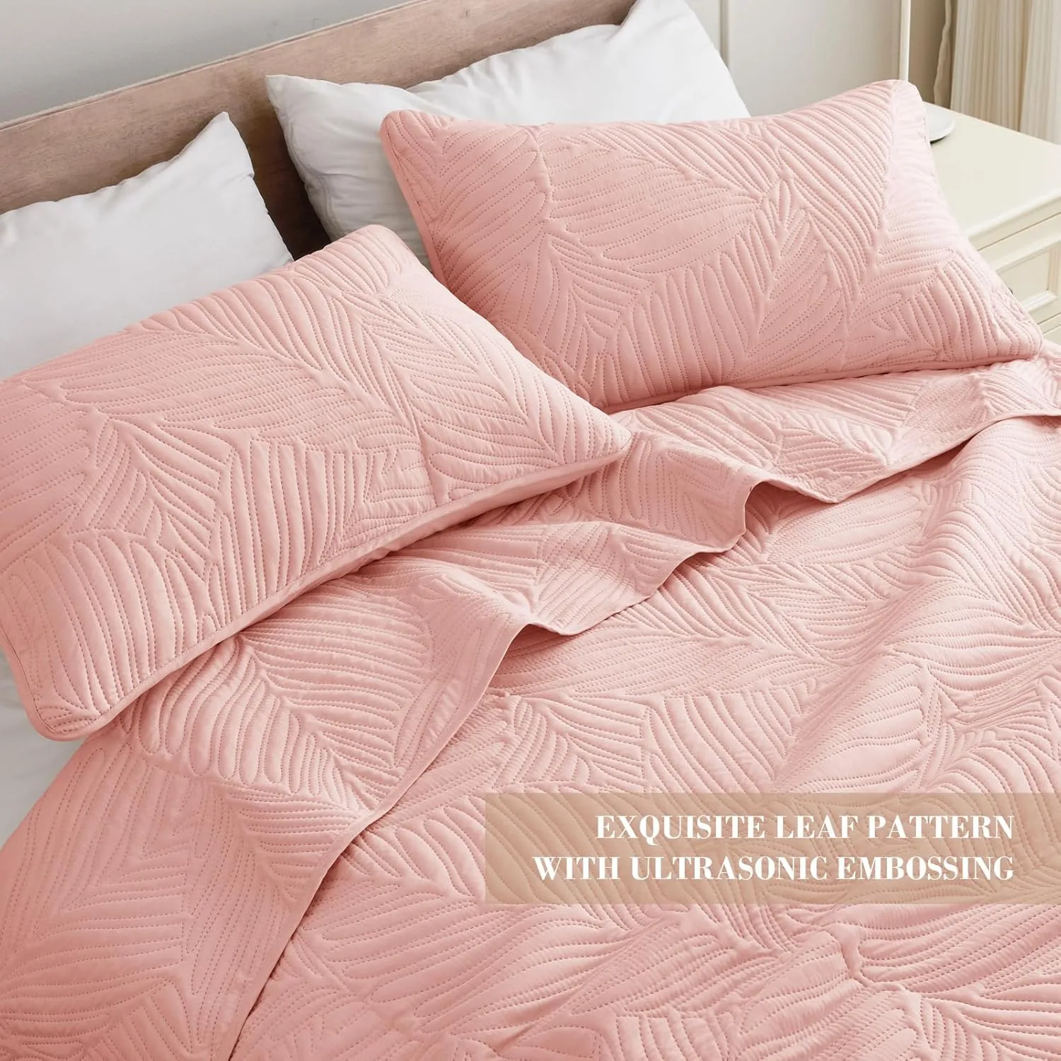 Exclusivo Mezcla Queen Quilt Bedding Set, Lightweight Blush Pink Quilts Queen Full Size for All Seasons, Soft Microfiber Bedspreads Coverlets Bed Cover with Leaf Pattern, 3 Piece