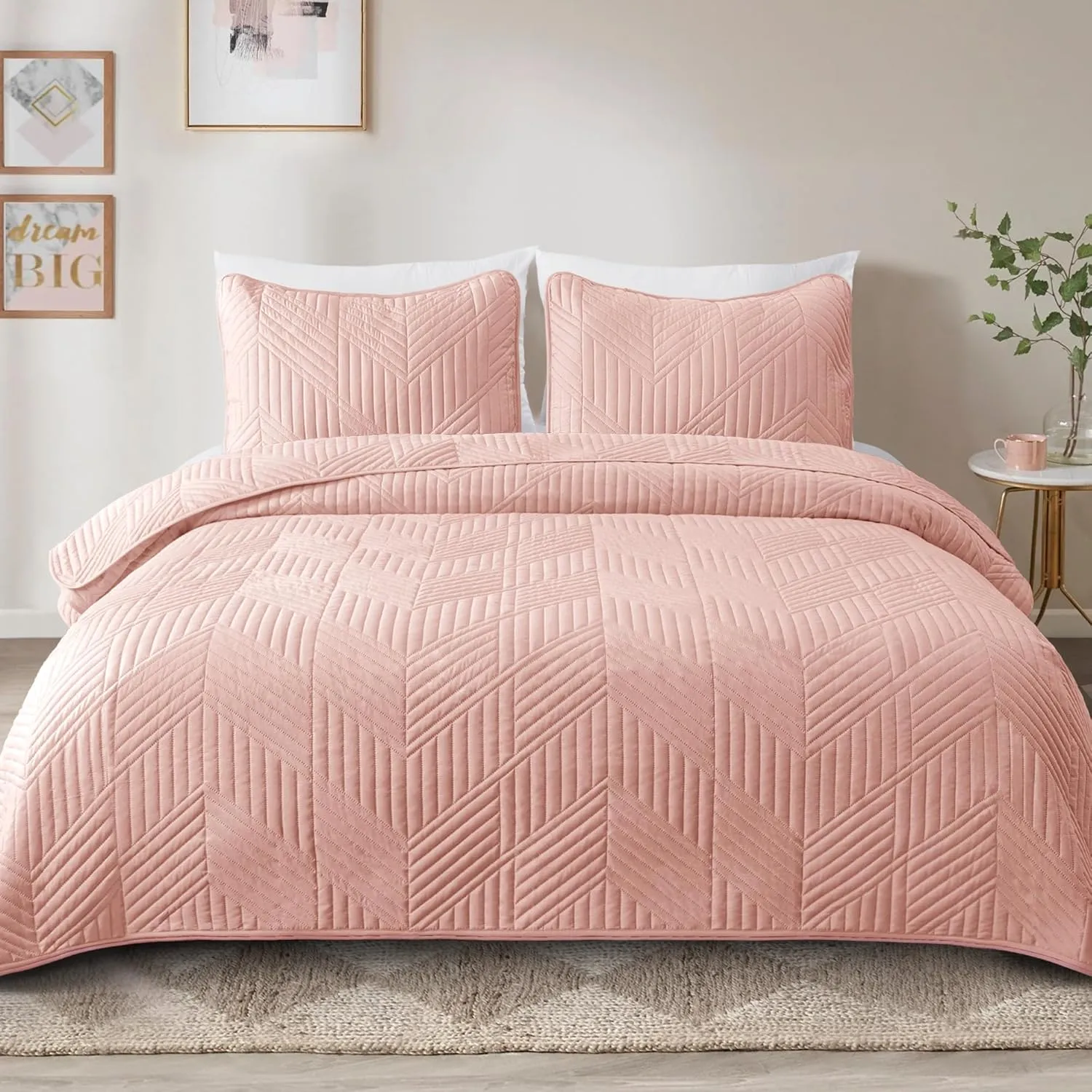 Exclusivo Mezcla Ultrasonic Full Queen Quilt Bedding Set, Lightweight Blush Pink Bedspreads Soft Modern Geometric Coverlet Set for All Seasons (1 Quilt and 2 Pillow Shams)