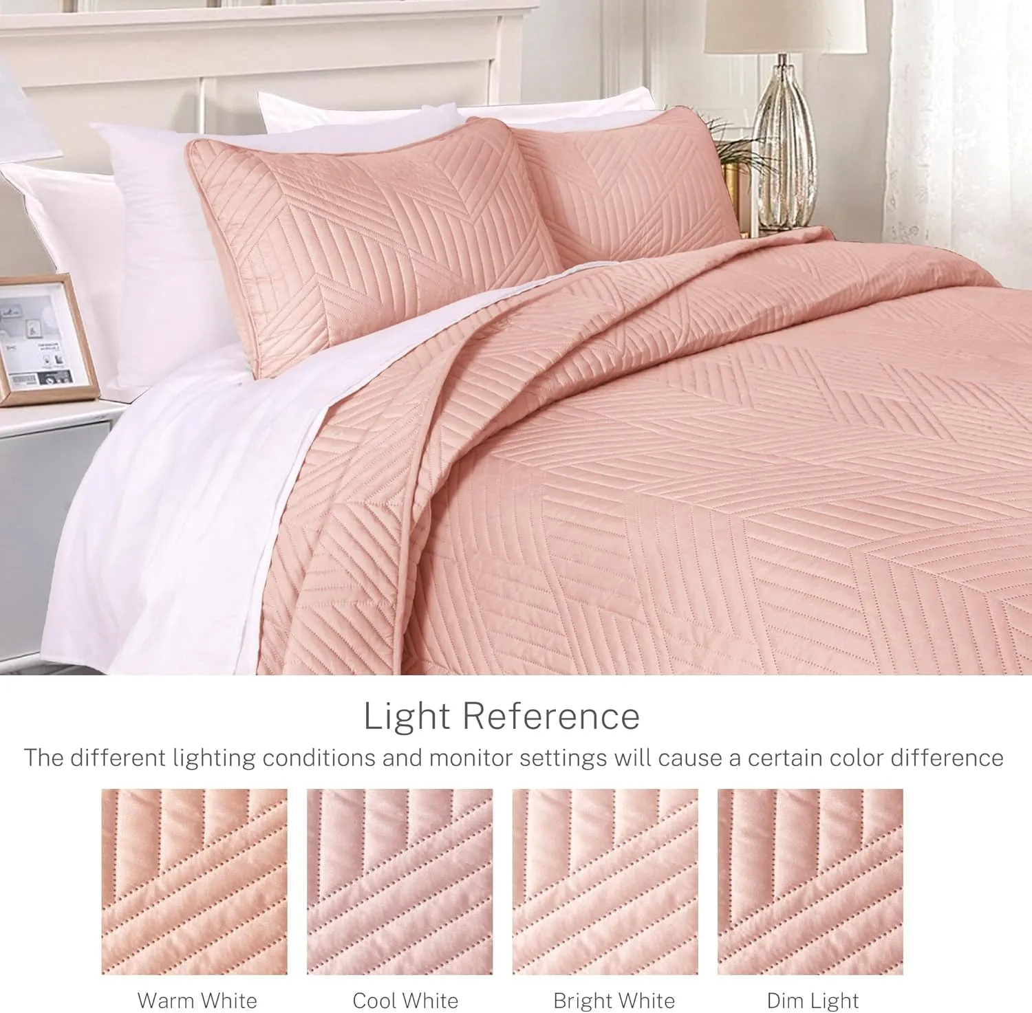 Exclusivo Mezcla Ultrasonic Full Queen Quilt Bedding Set, Lightweight Blush Pink Bedspreads Soft Modern Geometric Coverlet Set for All Seasons (1 Quilt and 2 Pillow Shams)