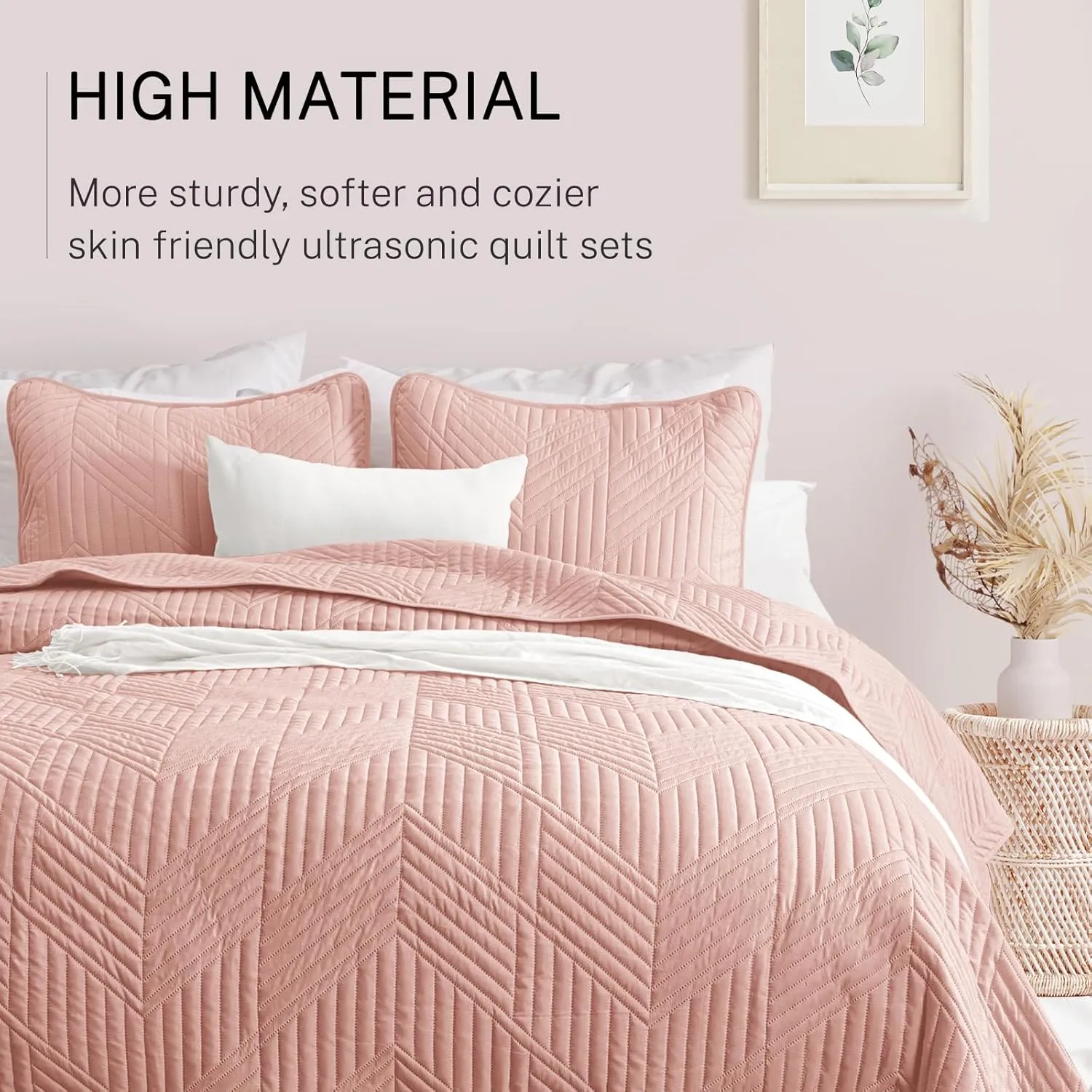 Exclusivo Mezcla Ultrasonic Full Queen Quilt Bedding Set, Lightweight Blush Pink Bedspreads Soft Modern Geometric Coverlet Set for All Seasons (1 Quilt and 2 Pillow Shams)