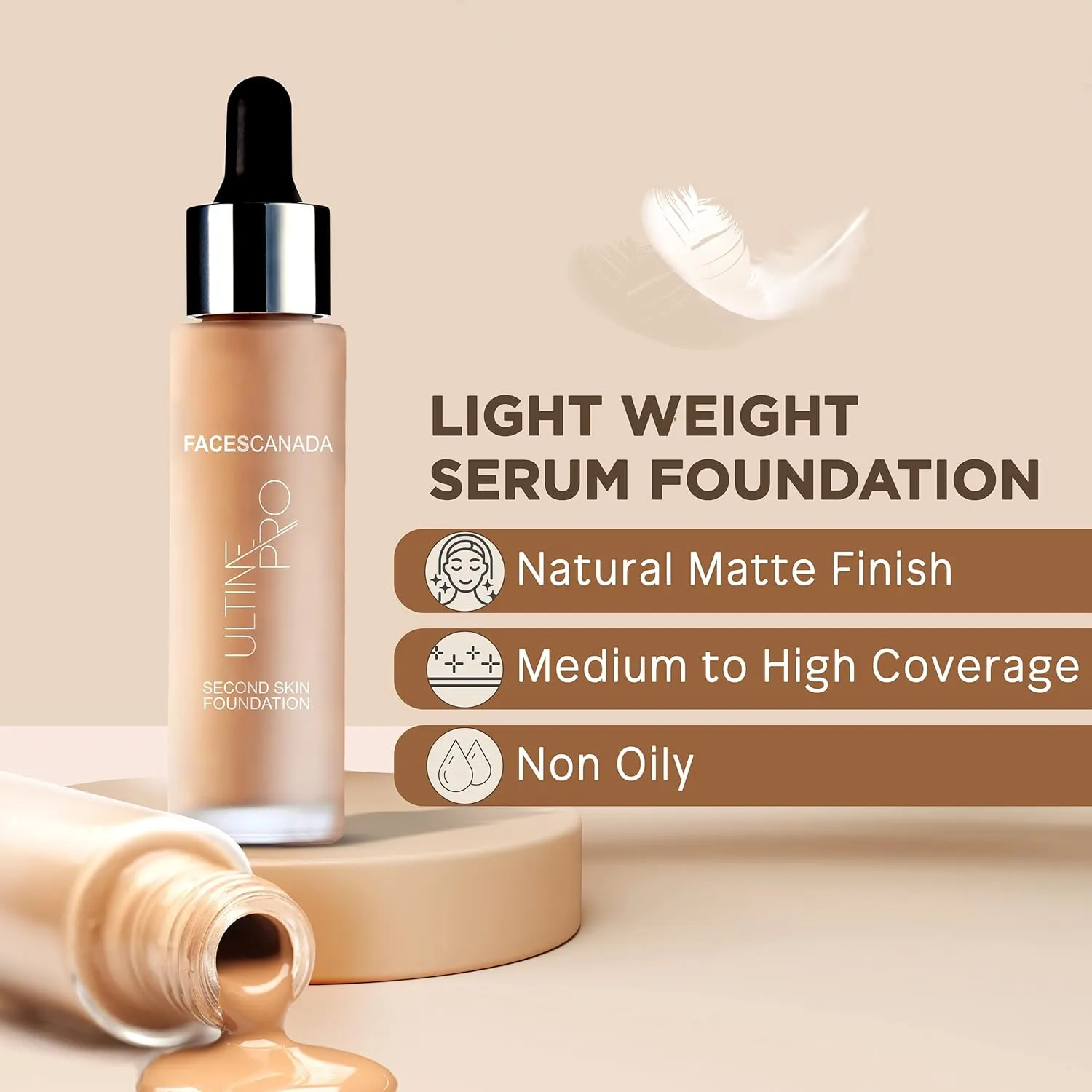 Faces Canada Second Skin Serum Foundation, Spf 15, Ultra Light Weight, Marine Algae Extract Enriched, Natural Matte Finish, Hd Flawless Radiance, Ivory, 4.94 Oz