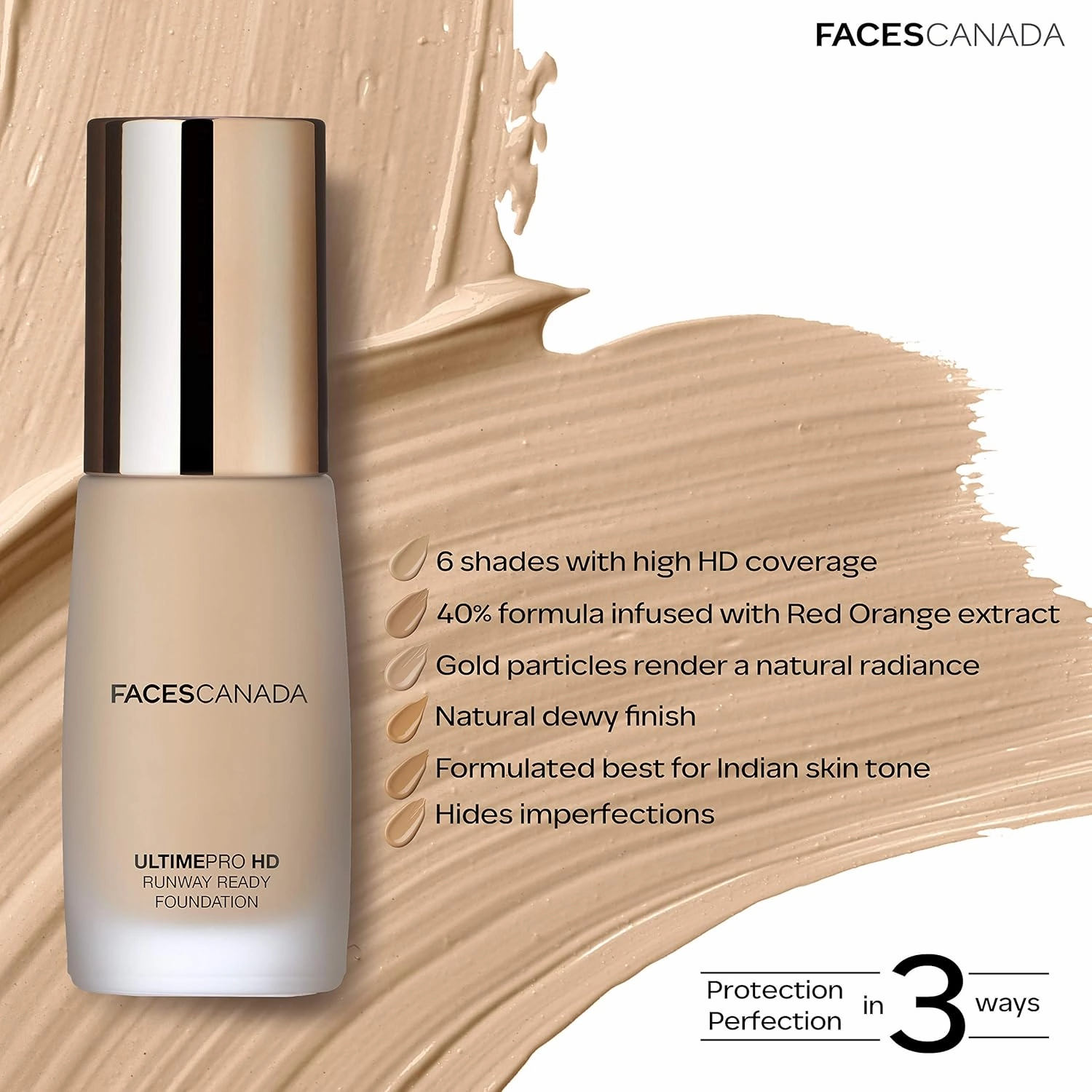 Faces Canada HD Runway Ready Foundation, Red Orange Extract & Gold particles, High Coverage, Oil-Free, Flawless Radiance, Vegan & Cruelty Free, Paraben Free, Natural 02 (Beige), 1.01 Fl Oz