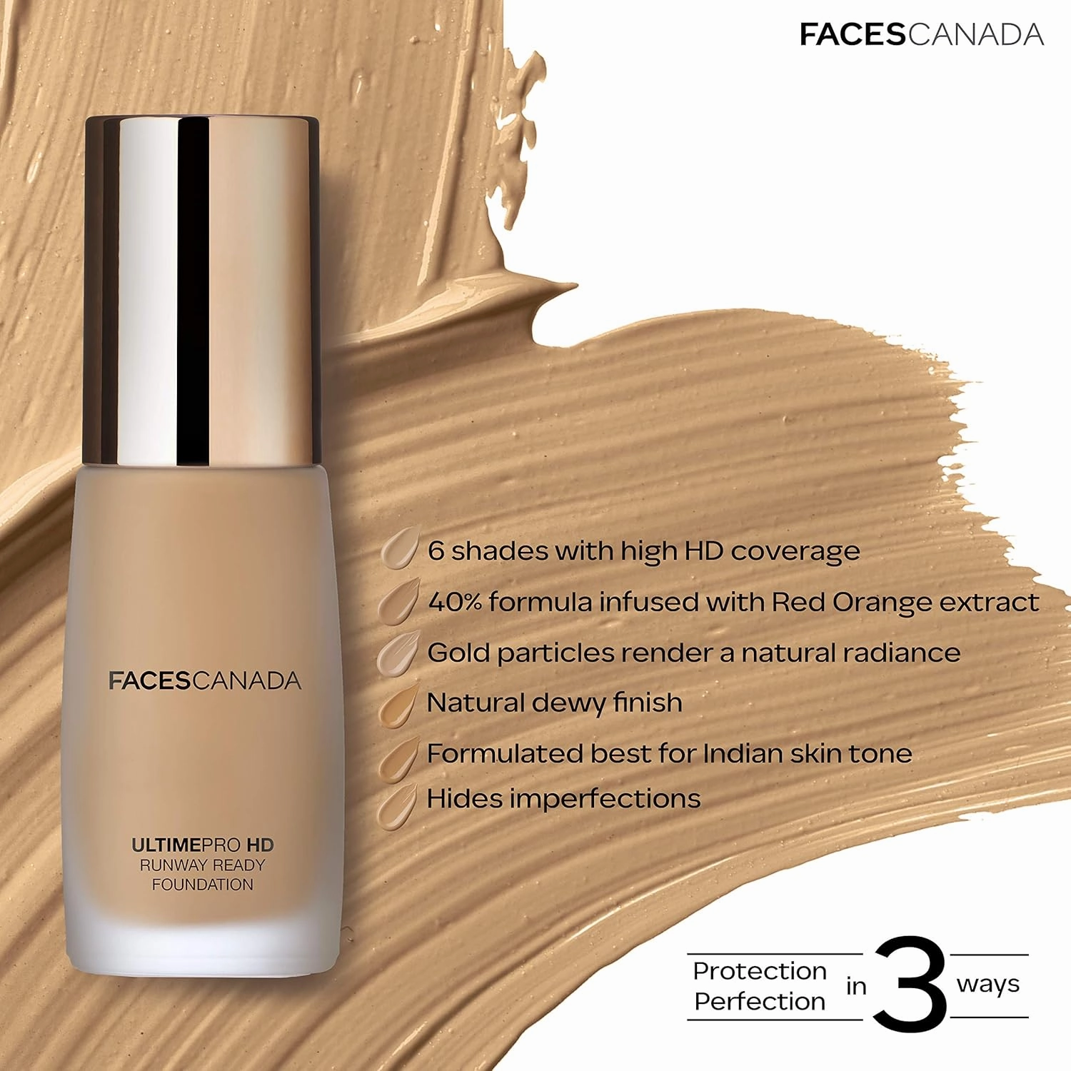 Faces Canada HD Runway Ready Foundation, Red Orange Extract & Gold particles, High Coverage, Oil-Free, Flawless Radiance, Vegan & Cruelty Free, Paraben Free, Sand 04 (Beige), 1.01 Fl Oz