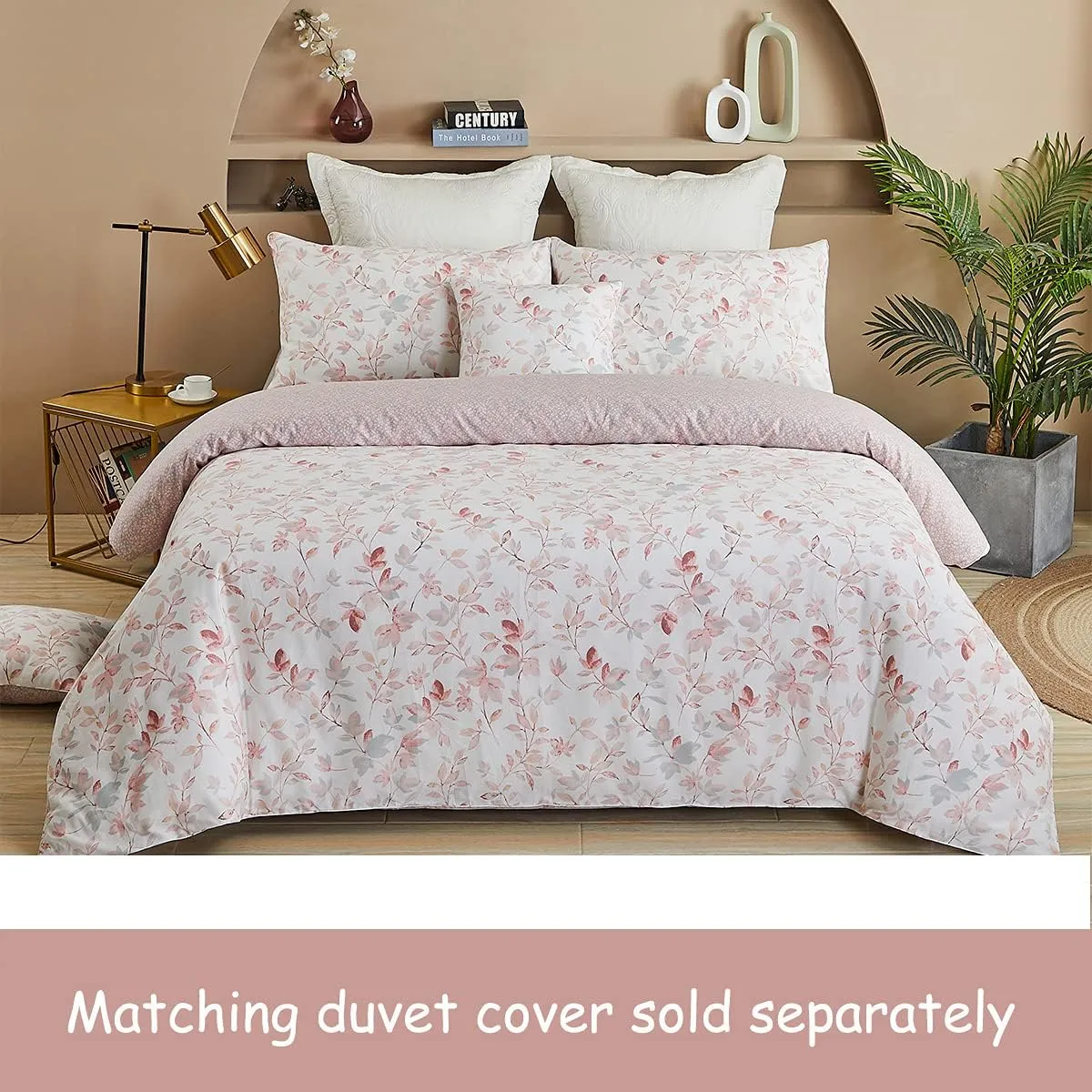 FADFAY Cotton Sheets Set Queen, Blush Pink Sheet Set Soft Girls Elegant Floral and Branches Leaves Printed Deep Pocket Fitted Sheet 4Pcs, Queen Size