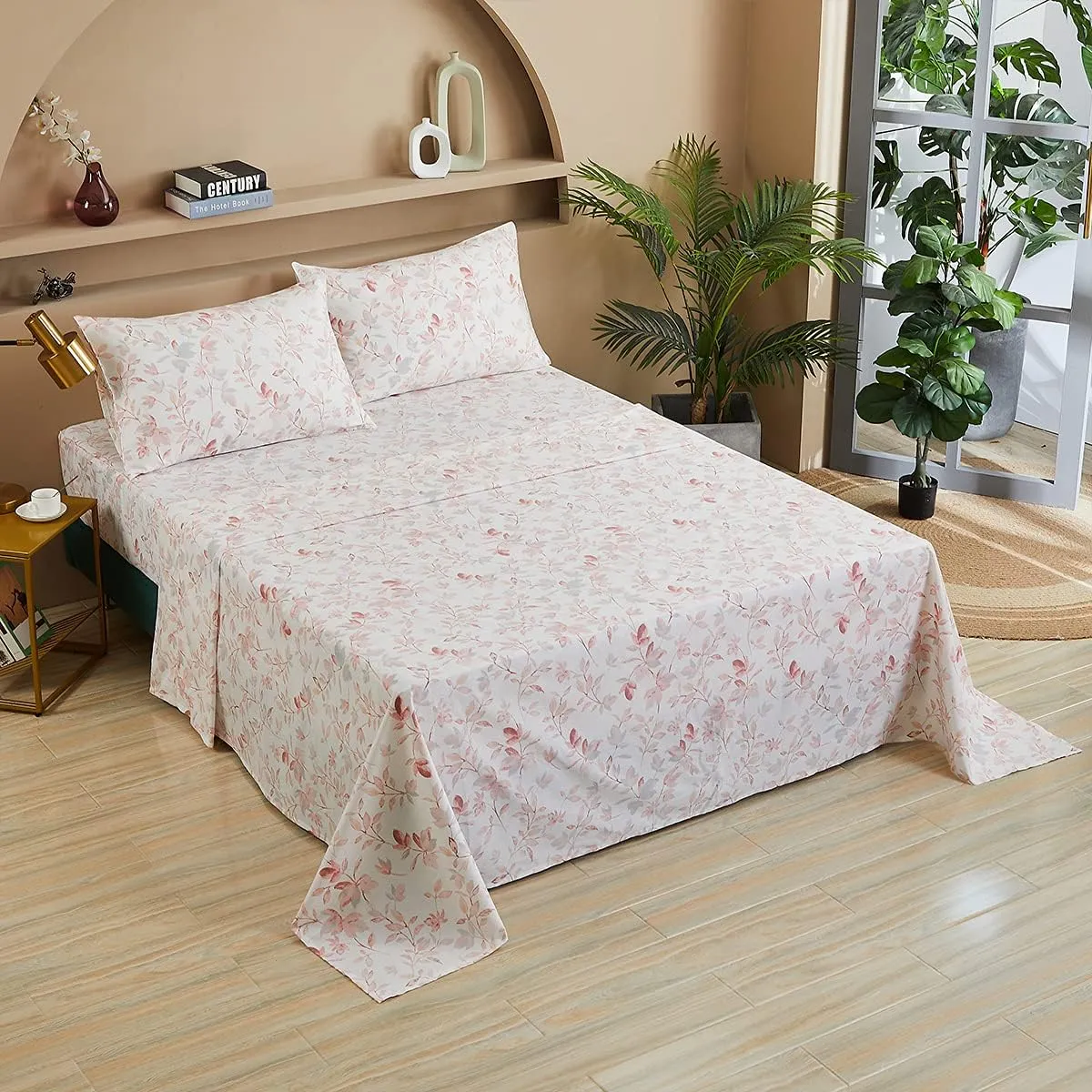 FADFAY Cotton Sheets Set Queen, Blush Pink Sheet Set Soft Girls Elegant Floral and Branches Leaves Printed Deep Pocket Fitted Sheet 4Pcs, Queen Size