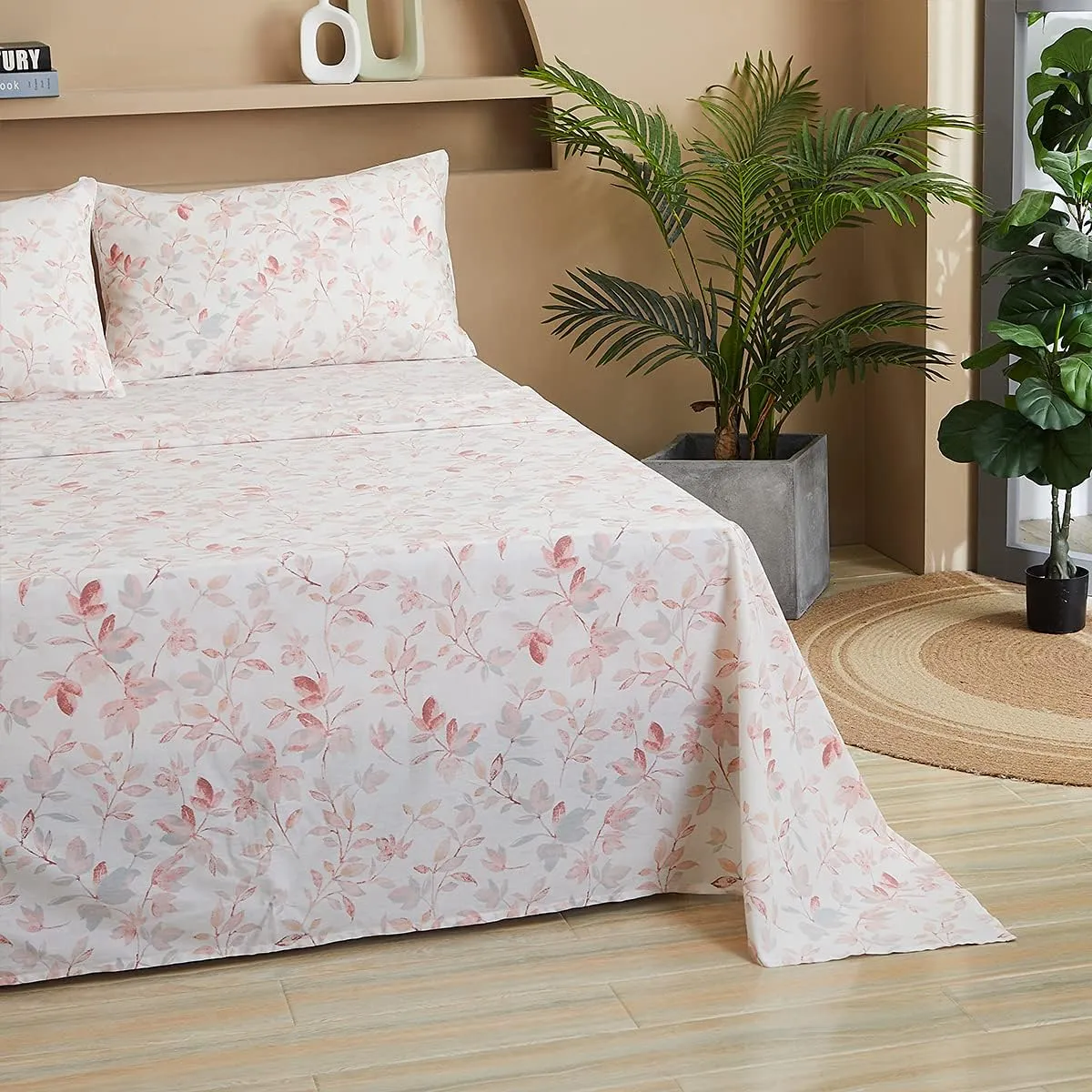 FADFAY Cotton Sheets Set Queen, Blush Pink Sheet Set Soft Girls Elegant Floral and Branches Leaves Printed Deep Pocket Fitted Sheet 4Pcs, Queen Size