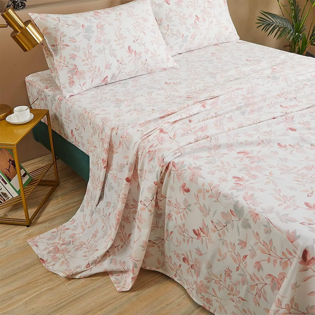 FADFAY Cotton Sheets Set Queen, Blush Pink Sheet Set Soft Girls Elegant Floral and Branches Leaves Printed Deep Pocket Fitted Sheet 4Pcs, Queen Size