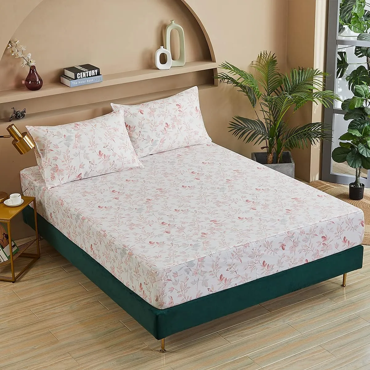 FADFAY Cotton Sheets Set Queen, Blush Pink Sheet Set Soft Girls Elegant Floral and Branches Leaves Printed Deep Pocket Fitted Sheet 4Pcs, Queen Size