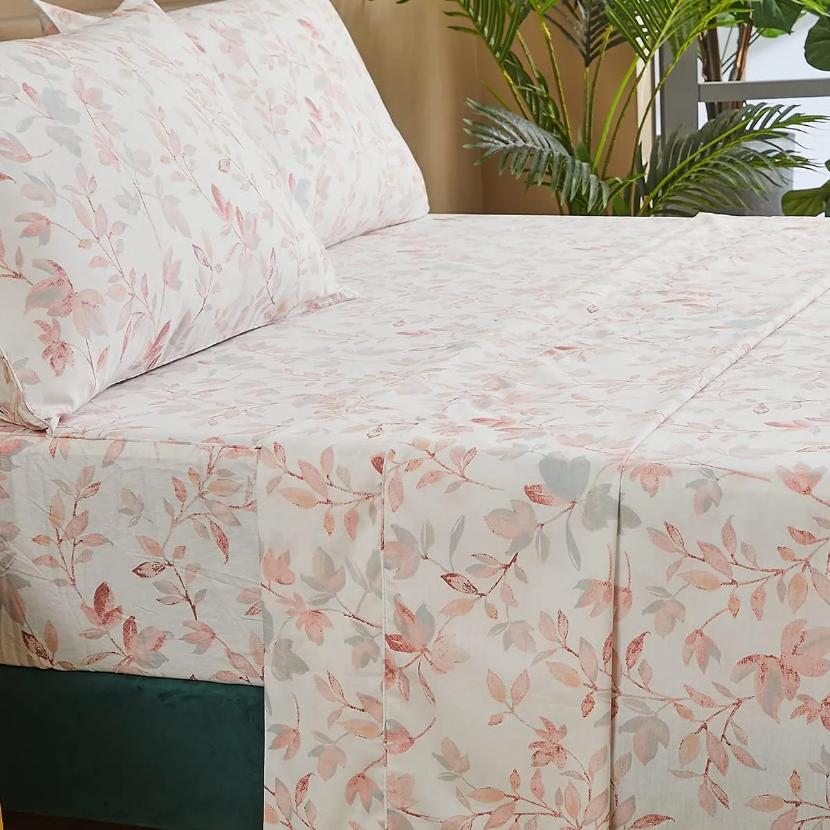 FADFAY Cotton Sheets Set Queen, Blush Pink Sheet Set Soft Girls Elegant Floral and Branches Leaves Printed Deep Pocket Fitted Sheet 4Pcs, Queen Size