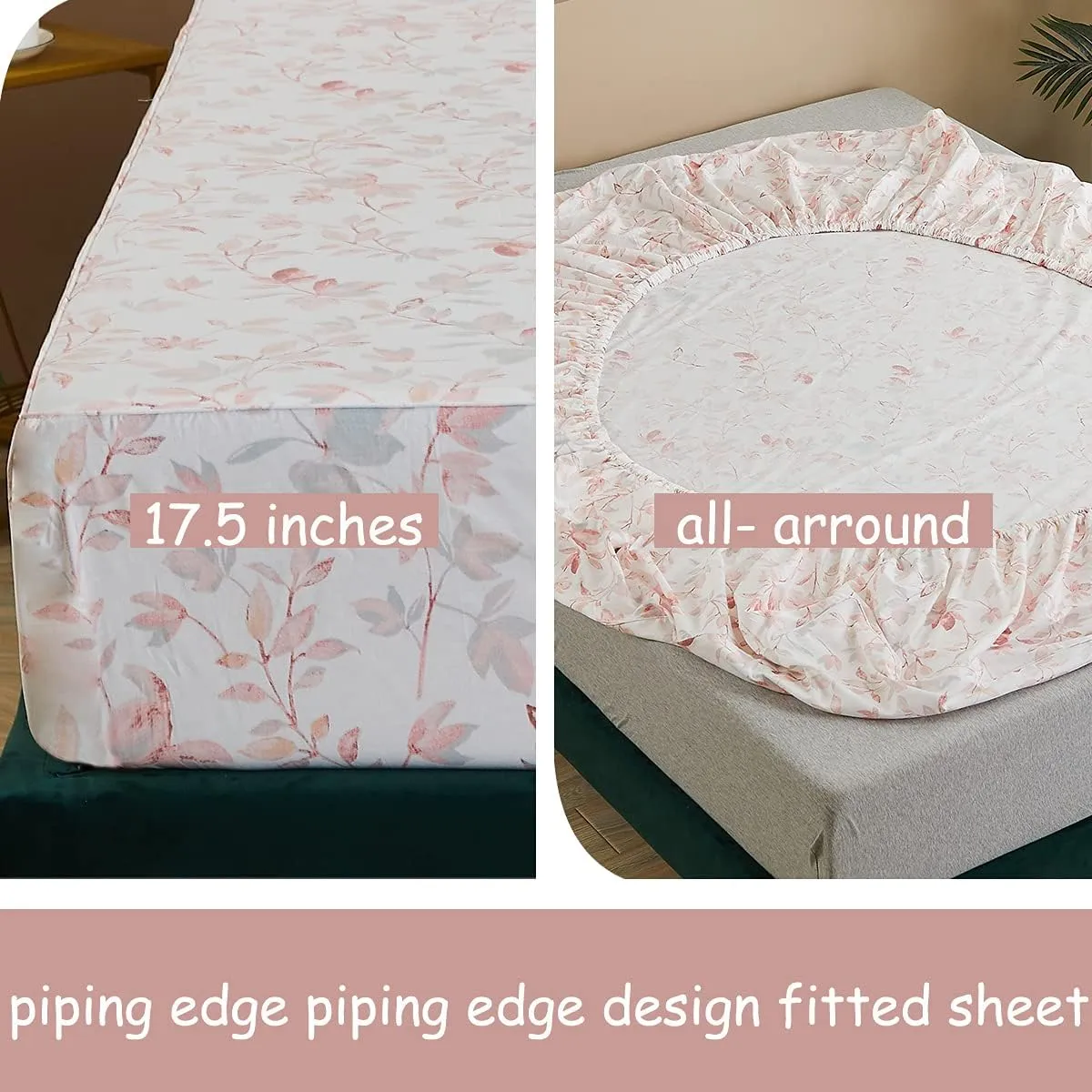 FADFAY Cotton Sheets Set Queen, Blush Pink Sheet Set Soft Girls Elegant Floral and Branches Leaves Printed Deep Pocket Fitted Sheet 4Pcs, Queen Size