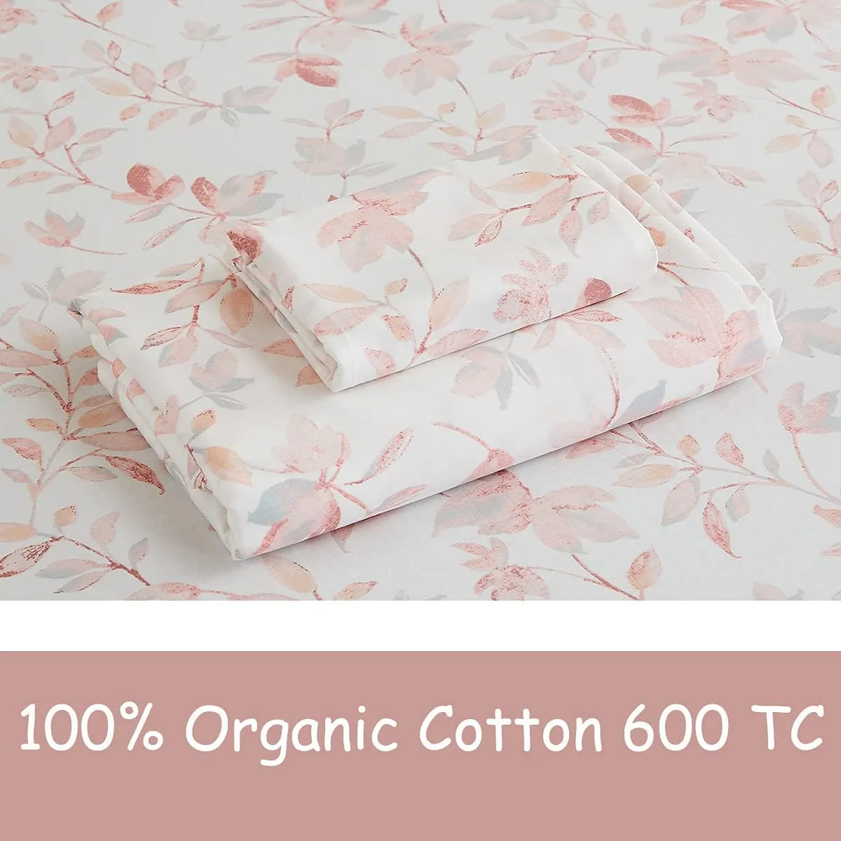 FADFAY Cotton Sheets Set Queen, Blush Pink Sheet Set Soft Girls Elegant Floral and Branches Leaves Printed Deep Pocket Fitted Sheet 4Pcs, Queen Size