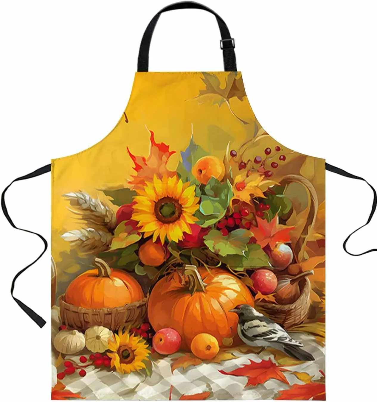 Fall Pumpkin Sunflower Waterproof Apron With Pockets,Vintage Oil Painting Autumn Flowers Kitchen Chefs Bib Cooking BBQ Grill Bake Adjustable Aprons for Women Home Garden Grooming Painting Gardening