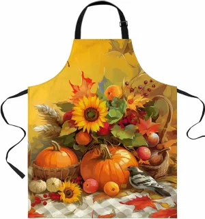 Fall Pumpkin Sunflower Waterproof Apron With Pockets,Vintage Oil Painting Autumn Flowers Kitchen Chefs Bib Cooking BBQ Grill Bake Adjustable Aprons for Women Home Garden Grooming Painting Gardening