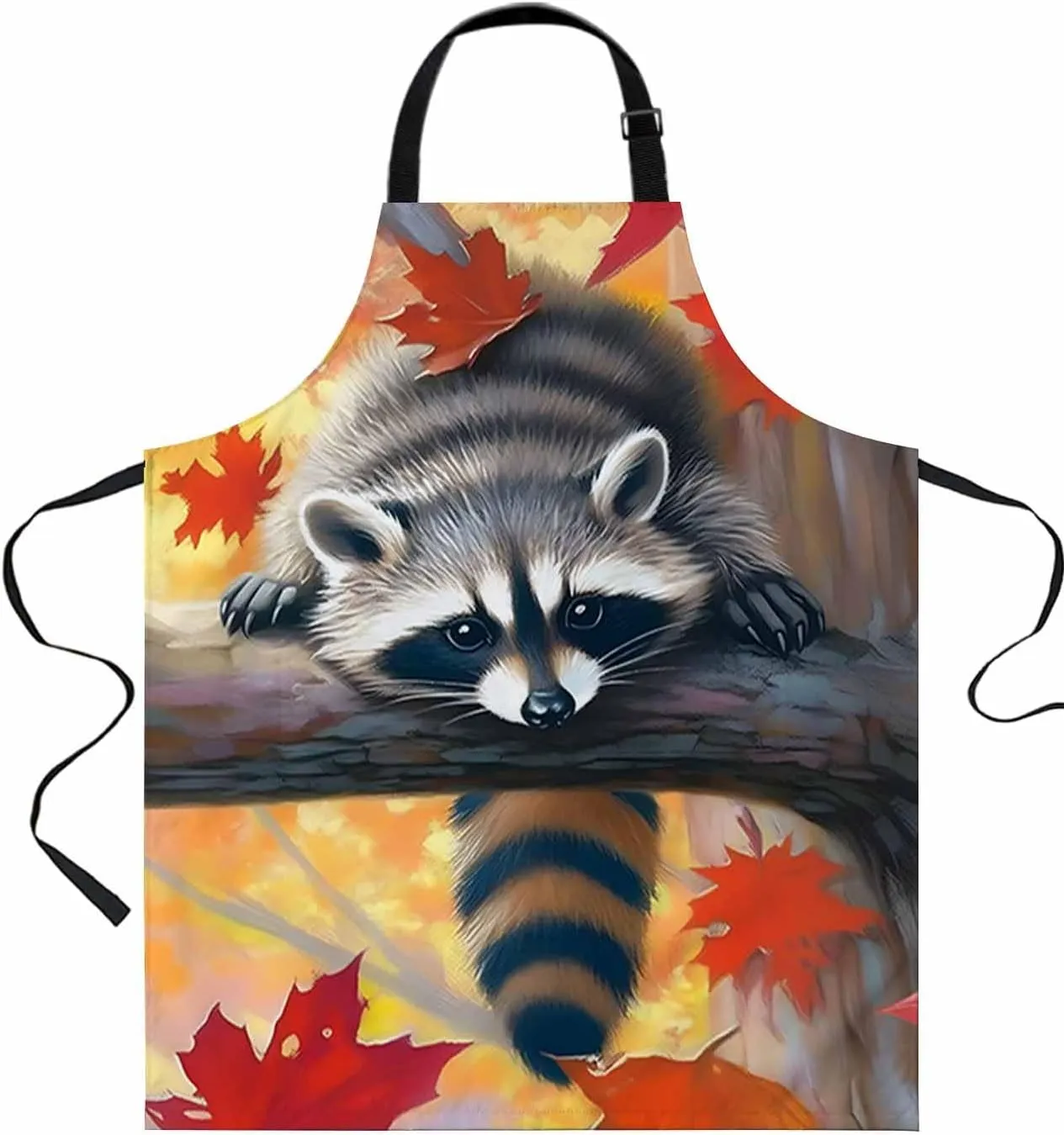 Fall Raccoon Animal Waterproof Apron With Pockets, Orange Red Autumn Maple Leaf Kitchen Chefs Bib Cooking BBQ Grill Bake Adjustable Aprons for Women/Kids Home Garden Grooming Painting Gardening