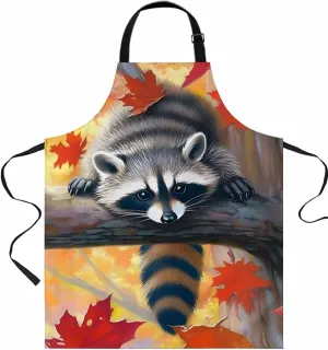 Fall Raccoon Animal Waterproof Apron With Pockets, Orange Red Autumn Maple Leaf Kitchen Chefs Bib Cooking BBQ Grill Bake Adjustable Aprons for Women/Kids Home Garden Grooming Painting Gardening