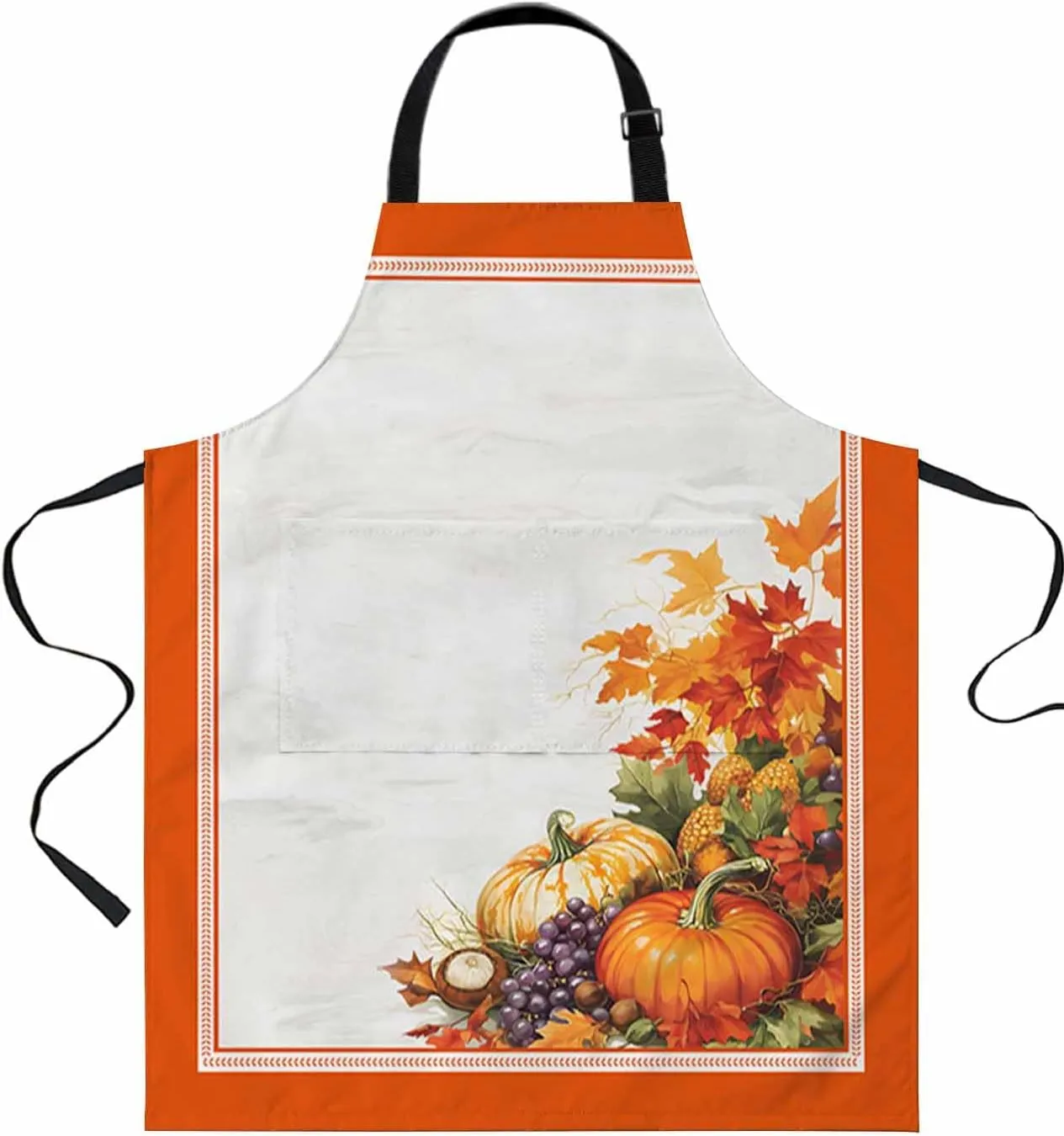 Fall Thanksgiving Orange Pumpkin Waterproof Apron With Pockets,Autumn Grape Corn Maple Leaf Kitchen Chefs Bib Cooking BBQ Grill Bake Adjustable Aprons for Women Home Garden Grooming Painting Gardening