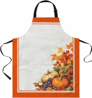 Fall Thanksgiving Orange Pumpkin Waterproof Apron With Pockets,Autumn Grape Corn Maple Leaf Kitchen Chefs Bib Cooking BBQ Grill Bake Adjustable Aprons for Women Home Garden Grooming Painting Gardening