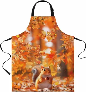 Fall Thanksgiving Squirrel Waterproof Apron With Pockets, Orange Autumn Maple Leaves Kitchen Chefs Bib Cooking BBQ Grill Bake Adjustable Aprons for Women/Kids Home Garden Grooming Painting Gardening