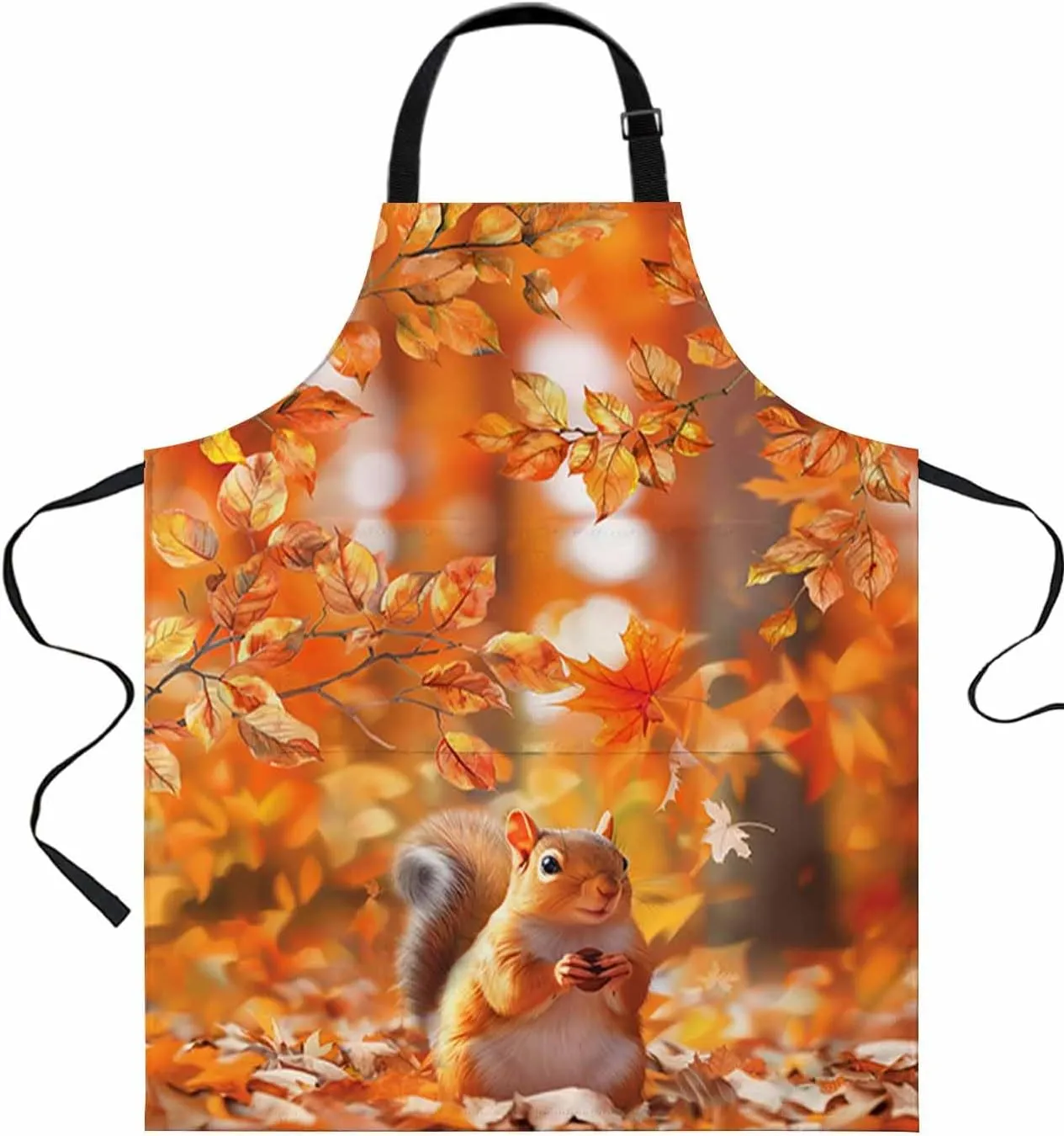 Fall Thanksgiving Squirrel Waterproof Apron With Pockets, Orange Autumn Maple Leaves Kitchen Chefs Bib Cooking BBQ Grill Bake Adjustable Aprons for Women/Kids Home Garden Grooming Painting Gardening