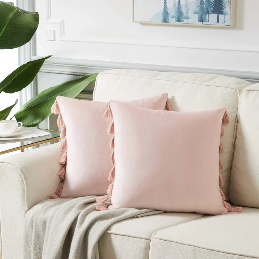 Fancy Homi Pack of 2 Blush Pink Decorative Throw Pillow Covers 22x22 Inch with Handmade Tassels, Soft Velvet Solid Square Cushion Case Set for Couch Sofa Bed Living Room 55x55 cm