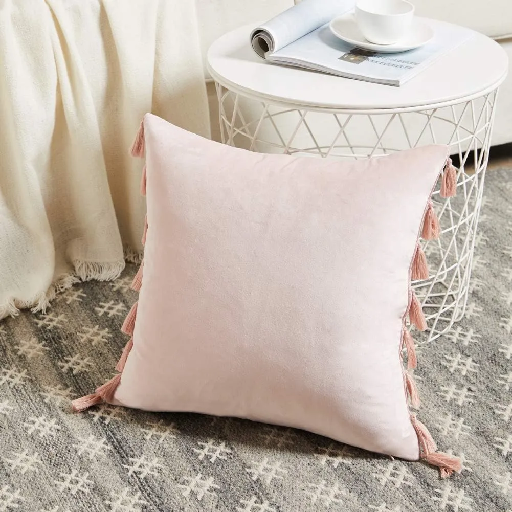 Fancy Homi Pack of 2 Blush Pink Decorative Throw Pillow Covers 22x22 Inch with Handmade Tassels, Soft Velvet Solid Square Cushion Case Set for Couch Sofa Bed Living Room 55x55 cm