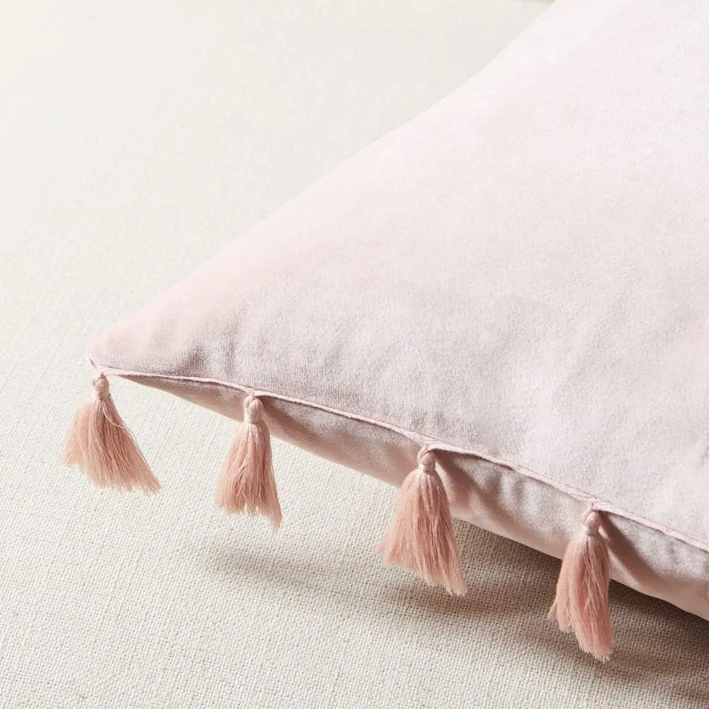Fancy Homi Pack of 2 Blush Pink Decorative Throw Pillow Covers 22x22 Inch with Handmade Tassels, Soft Velvet Solid Square Cushion Case Set for Couch Sofa Bed Living Room 55x55 cm