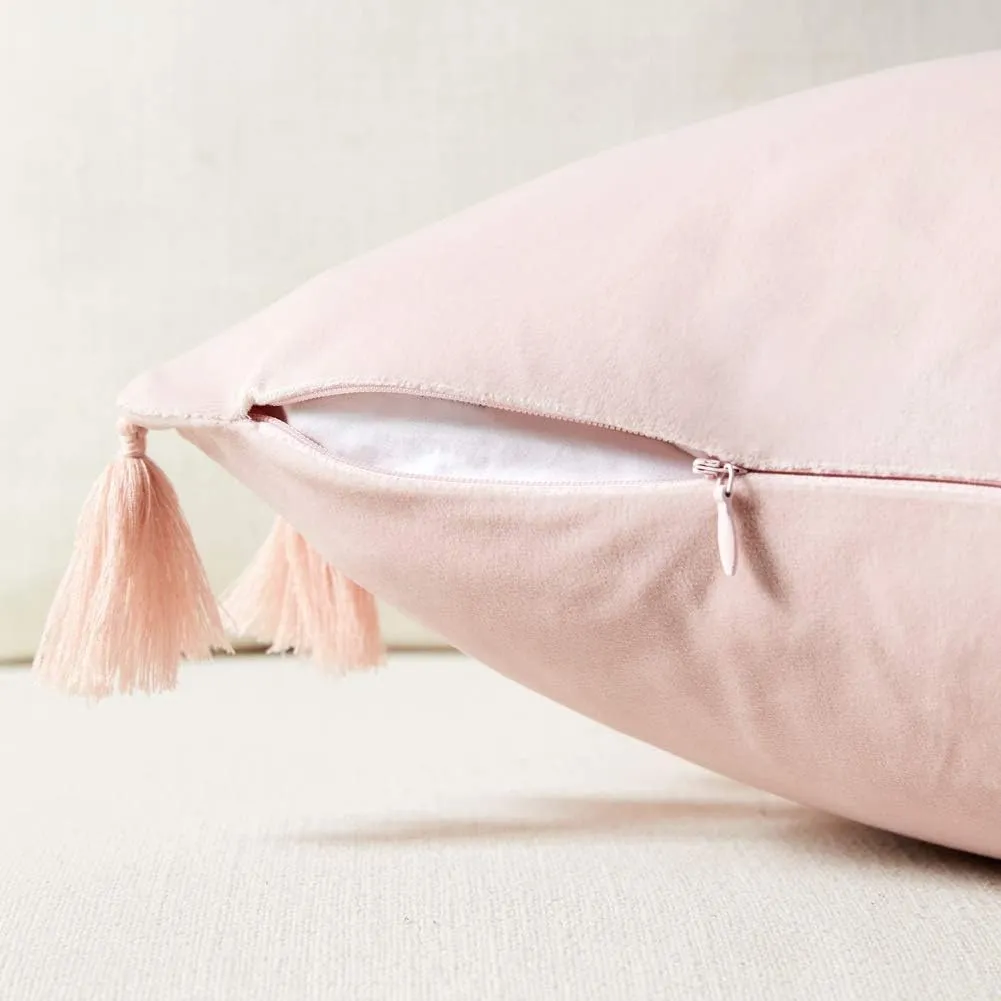 Fancy Homi Pack of 2 Blush Pink Decorative Throw Pillow Covers 22x22 Inch with Handmade Tassels, Soft Velvet Solid Square Cushion Case Set for Couch Sofa Bed Living Room 55x55 cm