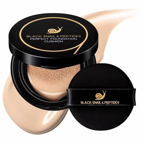 Farmstay Black Snail & Peptide 9 Perfect Cushion Foundation | Full Coverage, Lightweight, Skin-Fit, Smooth Radiant Finish, Korean Cushion Foundation (#23 Natural Beige, 0.53 Fl Oz)